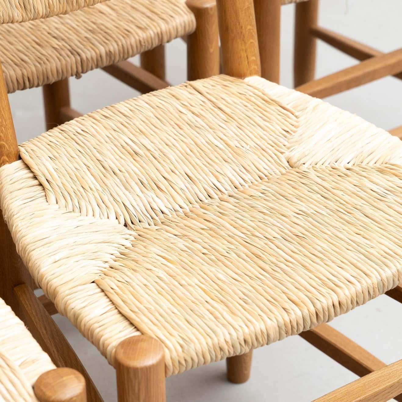 Set of Six After Charlotte Perriand N.19 Chairs, Wood Rattan, Mid-Century Modern For Sale 2