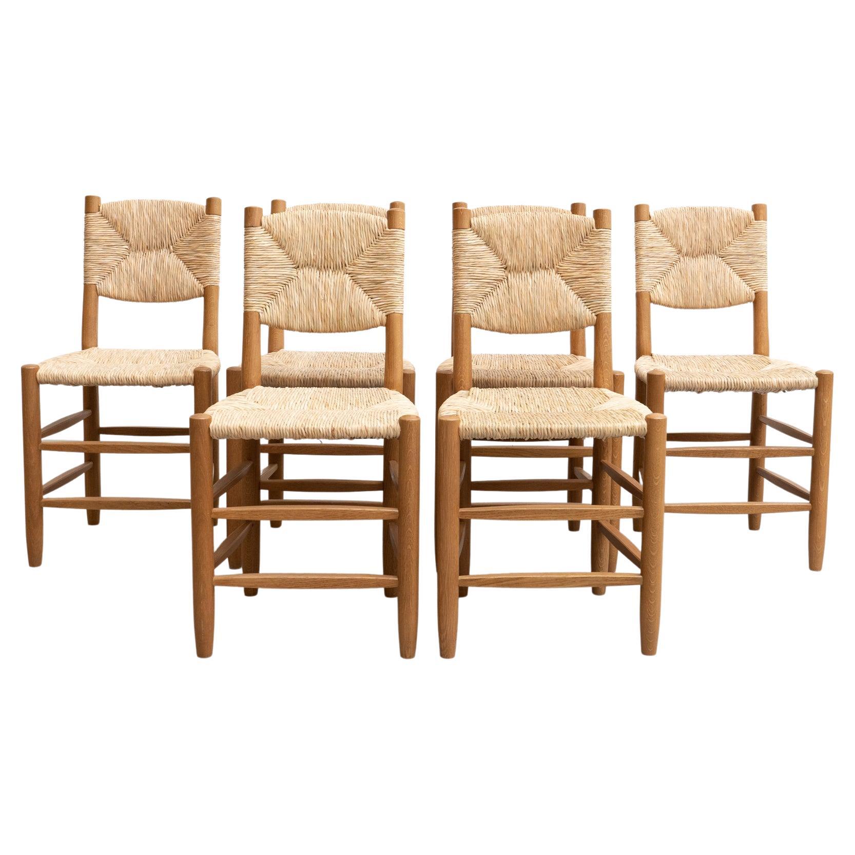 Set of 6 Charlotte Perriand n.19 Chair, Wood Rattan, Mid-Century Modern