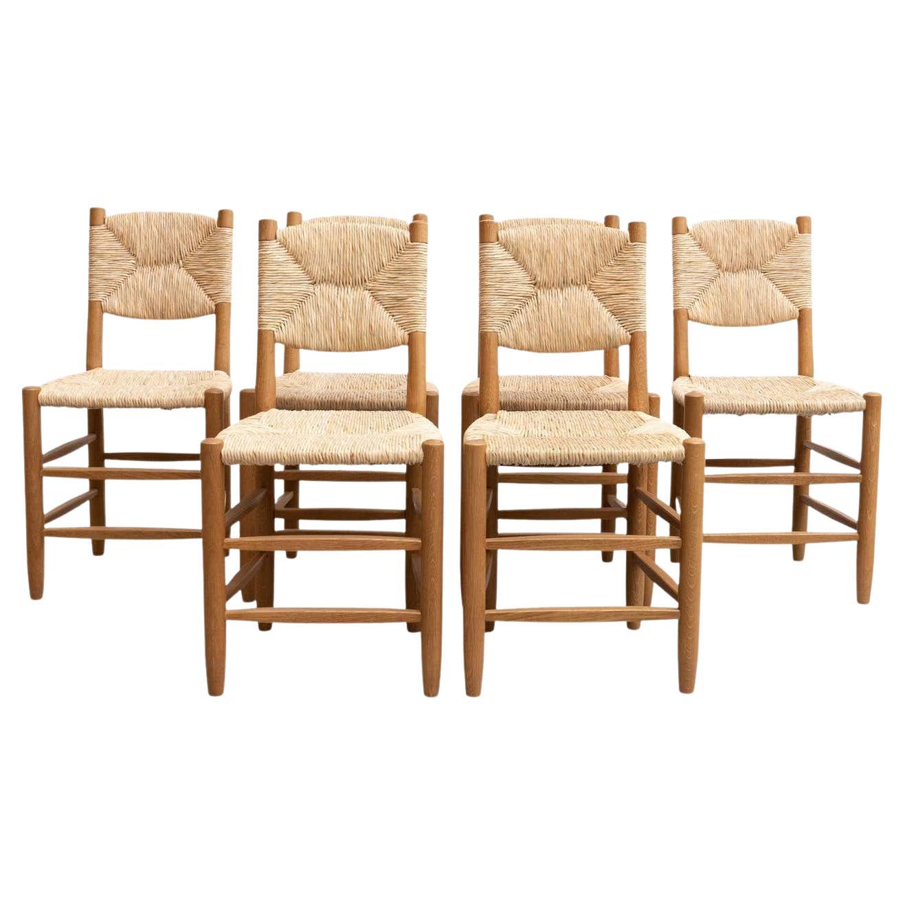 Set of Six After Charlotte Perriand N.19 Chairs, Wood Rattan, Mid-Century Modern