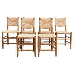Set of Six After Charlotte Perriand N.19 Chairs, Wood Rattan, Mid-Century Modern