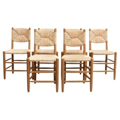 Conjunto de Seis Sillas After Charlotte Perriand N.19, Madera Ratán, Moderna de Mediados de Siglo