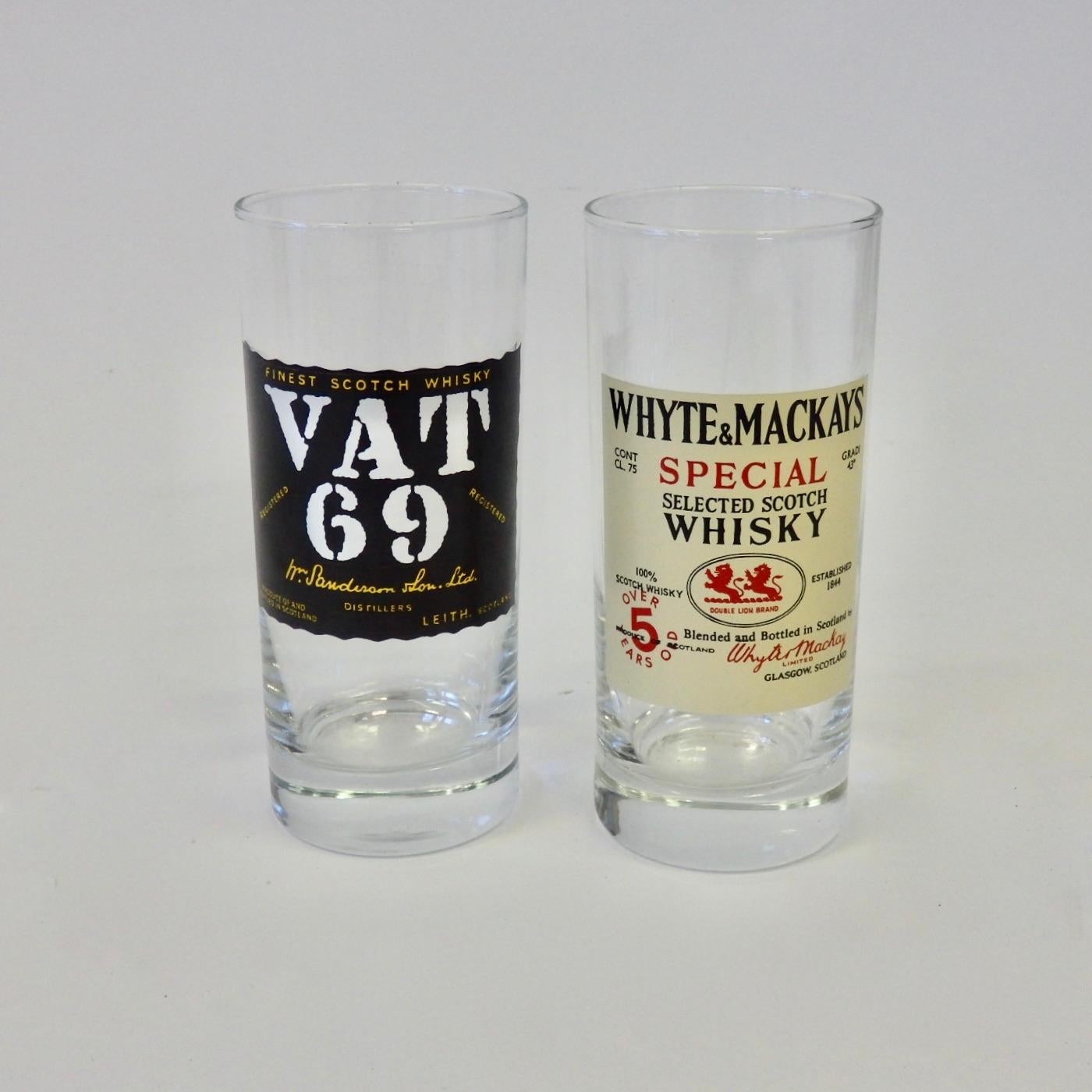 Set of six party cocktail glasses. Each labeled with different alcohol brand.