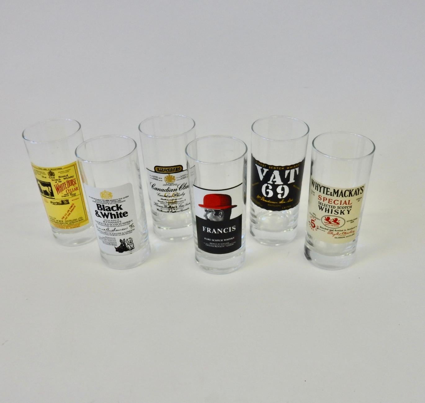 Mid-Century Modern Set of Six Alcohol Brand Embellished Cocktail Glasses Name Your Poison
