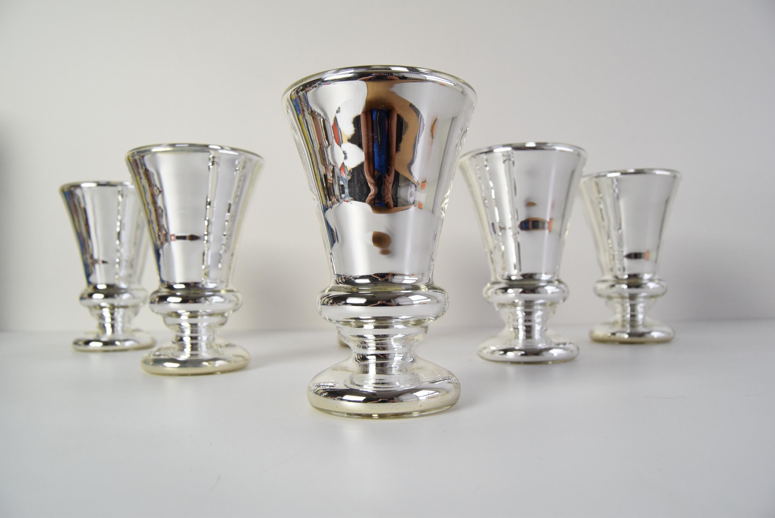 Czech Set of six Amalgam Glass Goblets, Biedermeier, Peasant Silver, Circa 1860's. For Sale