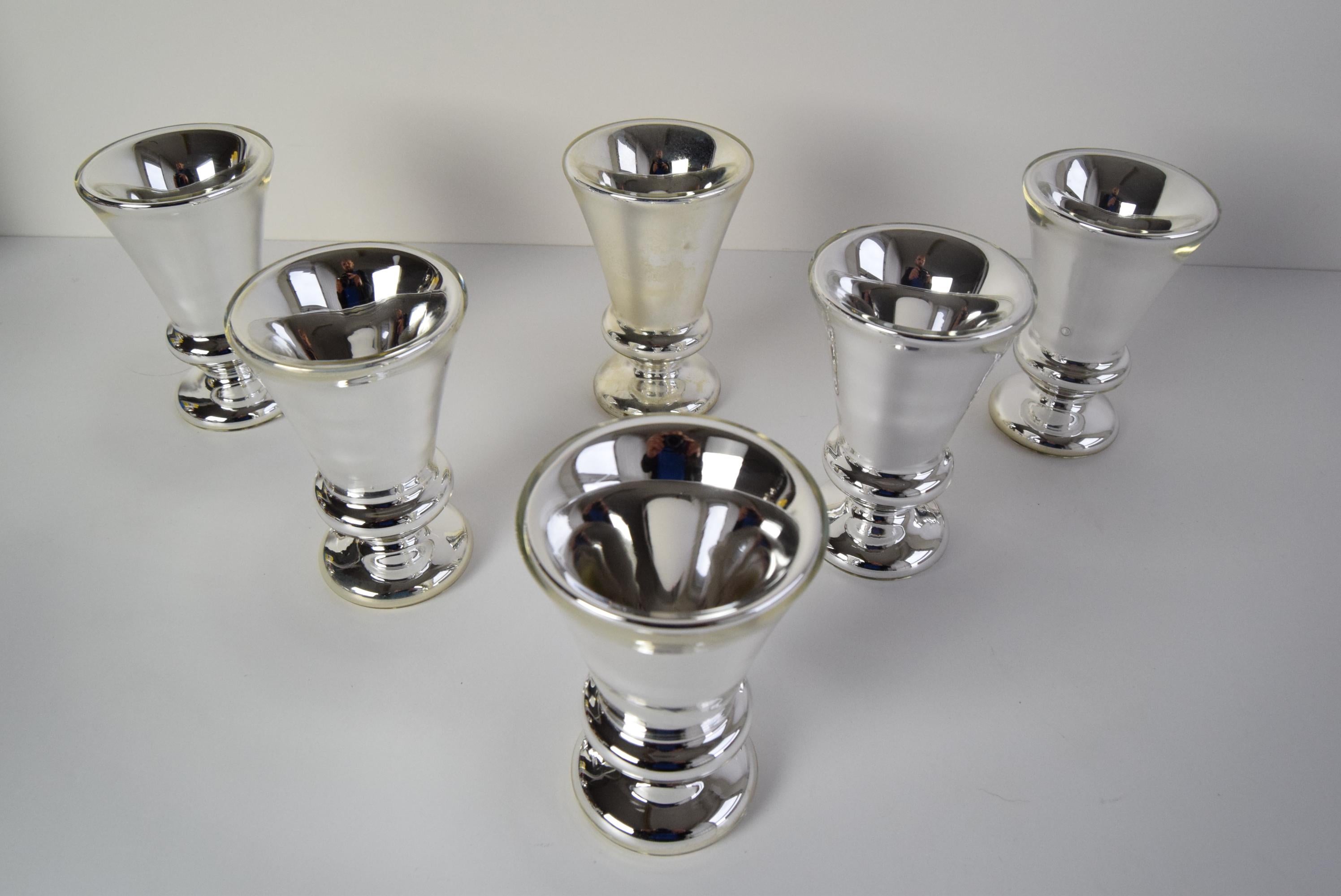 Silvered Set of six Amalgam Glass Goblets, Biedermeier, Peasant Silver, Circa 1860's. For Sale