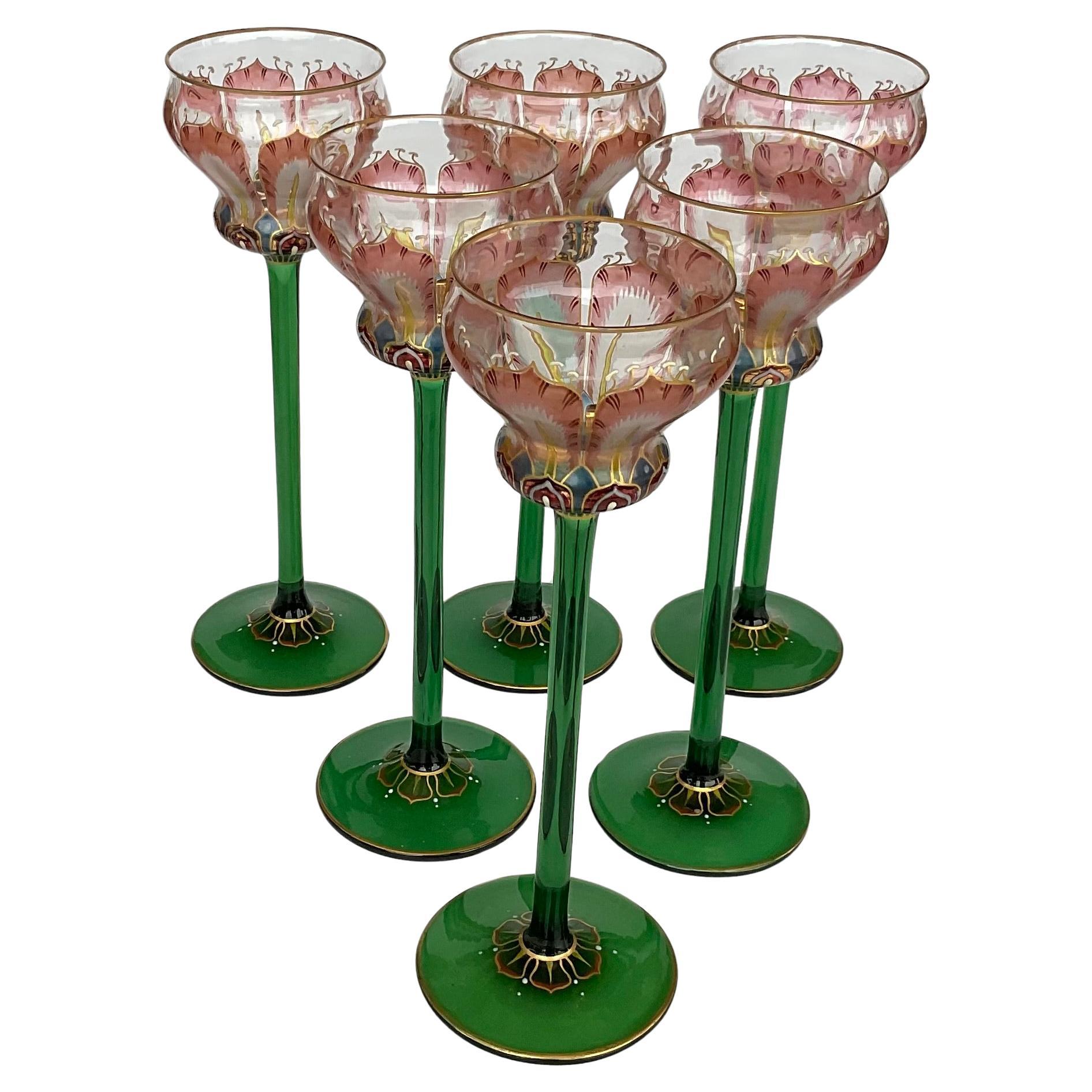 SET of Six Amazing enameled Art Nouveau Glasses with intricate enamel