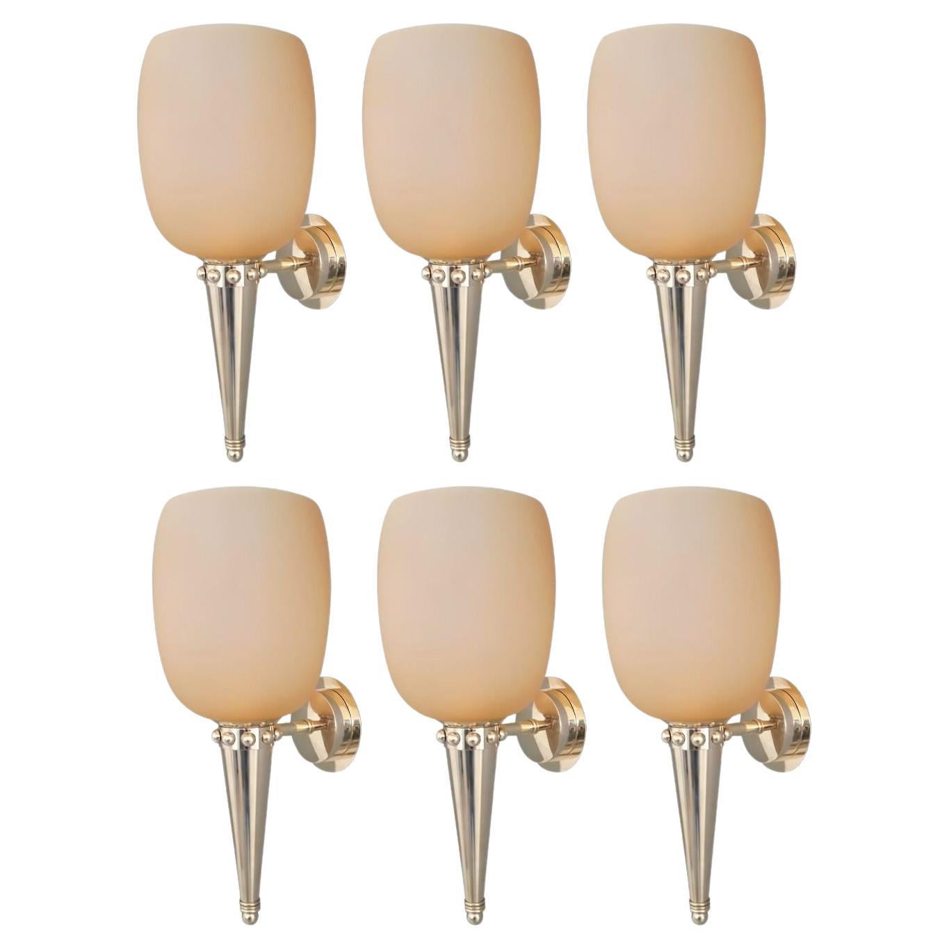 Juego de seis lámparas antorcha de cristal de Murano ámbar de Barovier e Toso. Italia, años 50.