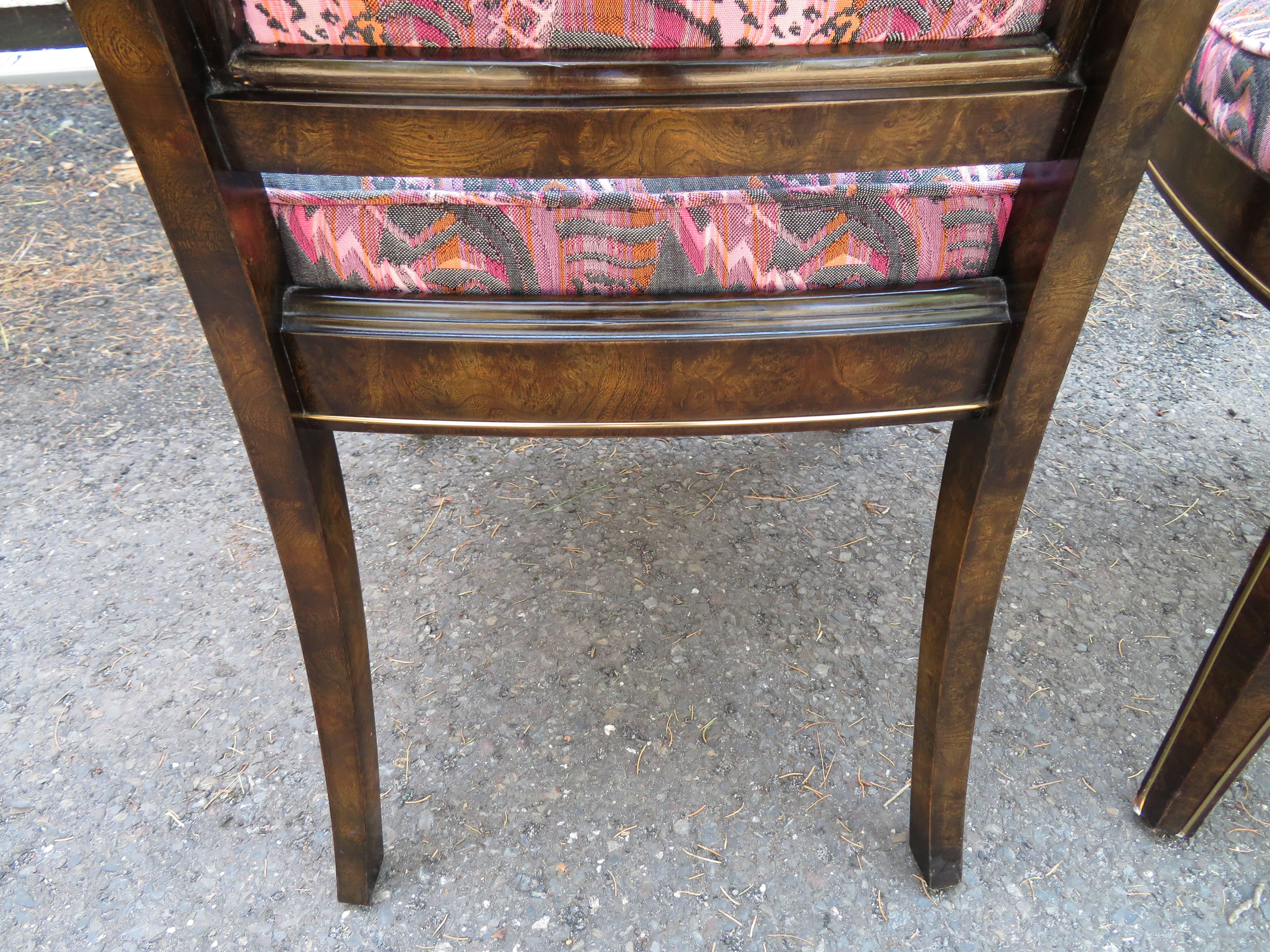 Upholstery Set of Six Amboyna and Brass Mastercraft Dining Chairs Mid-Century Modern For Sale