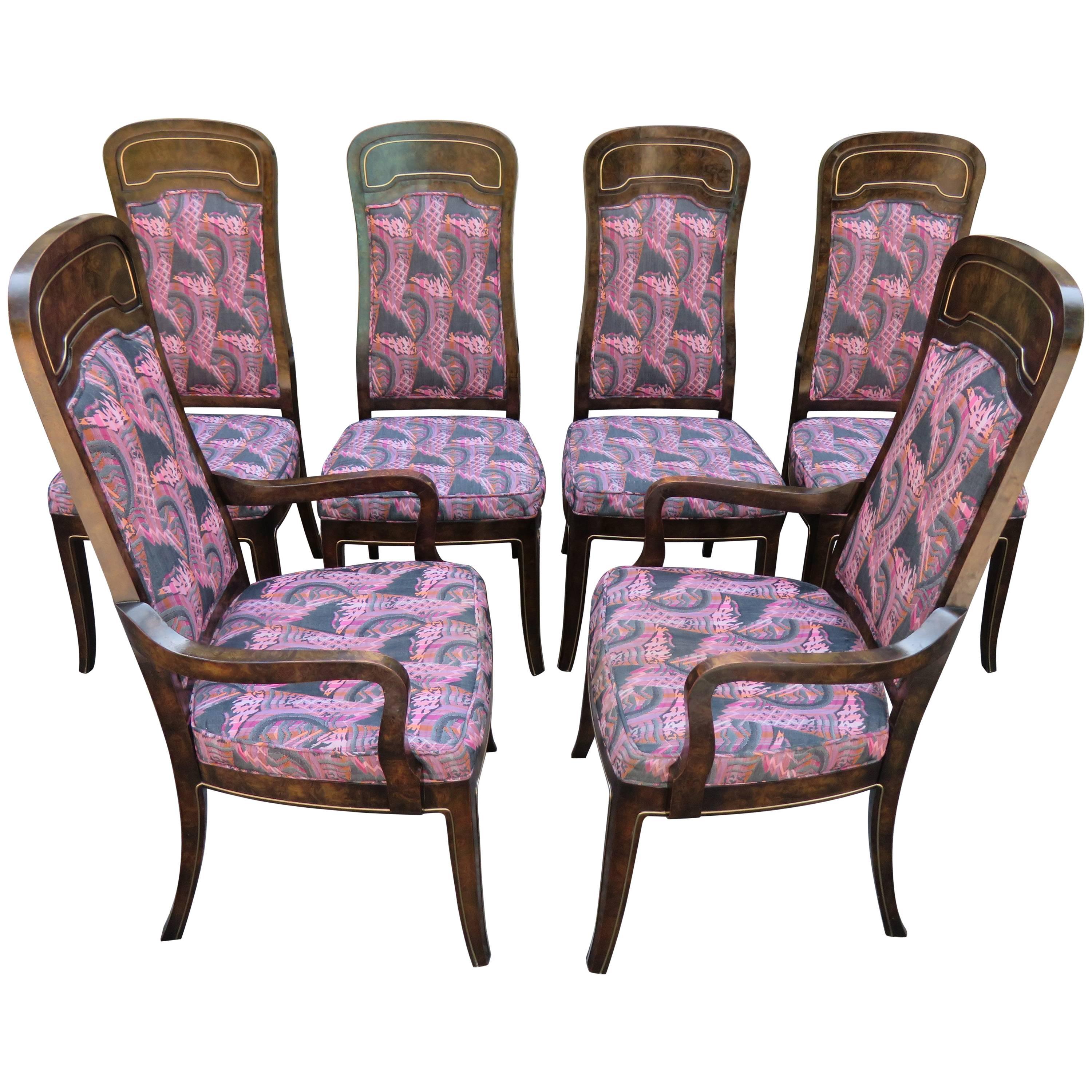 Ensemble de six chaises de salle à manger Mastercraft en amboyna et laiton, mi-siècle moderne en vente