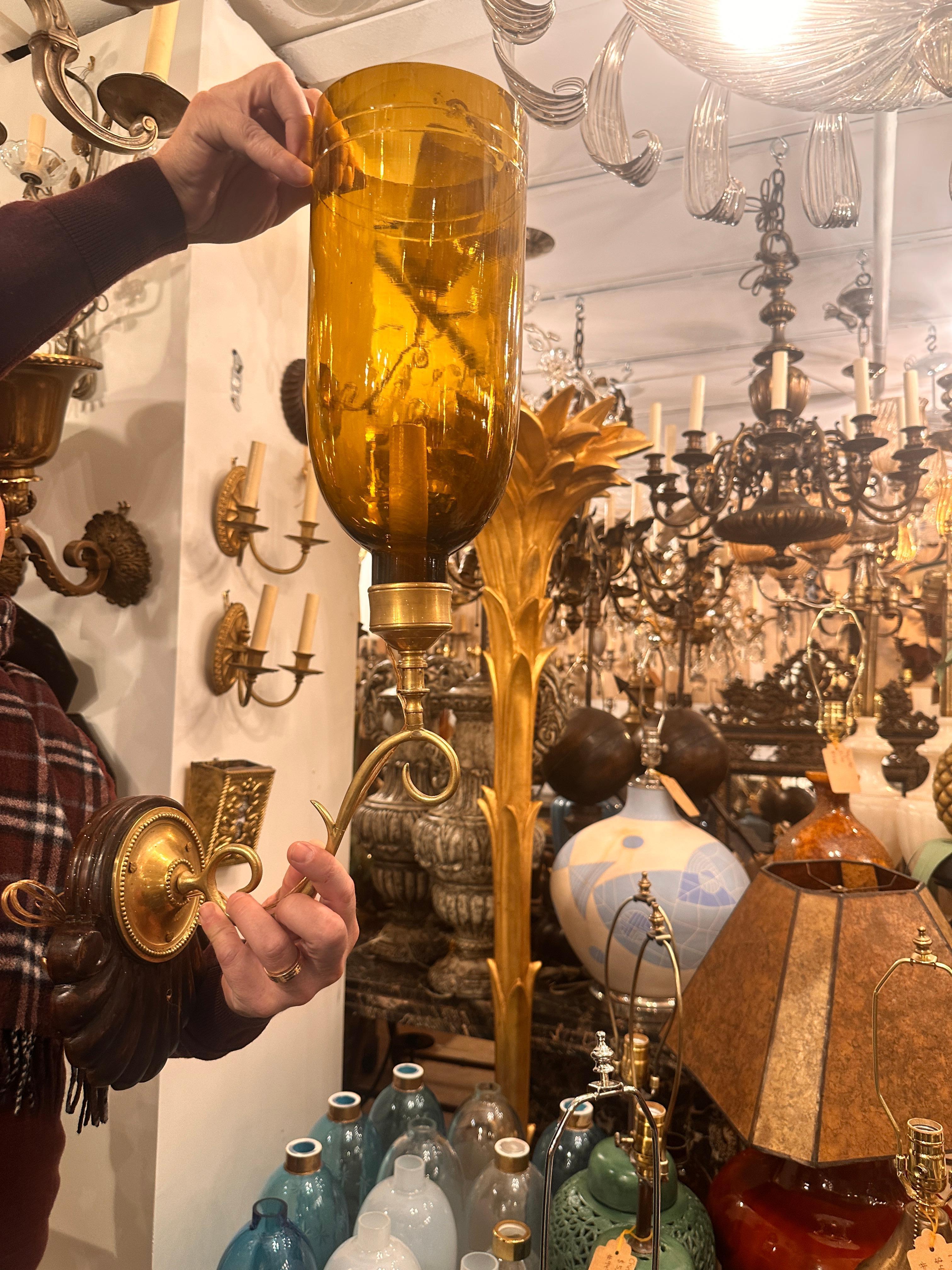 Metal Set of Six Anglo Indian Amber Glass Sconces, Sold in Pairs For Sale