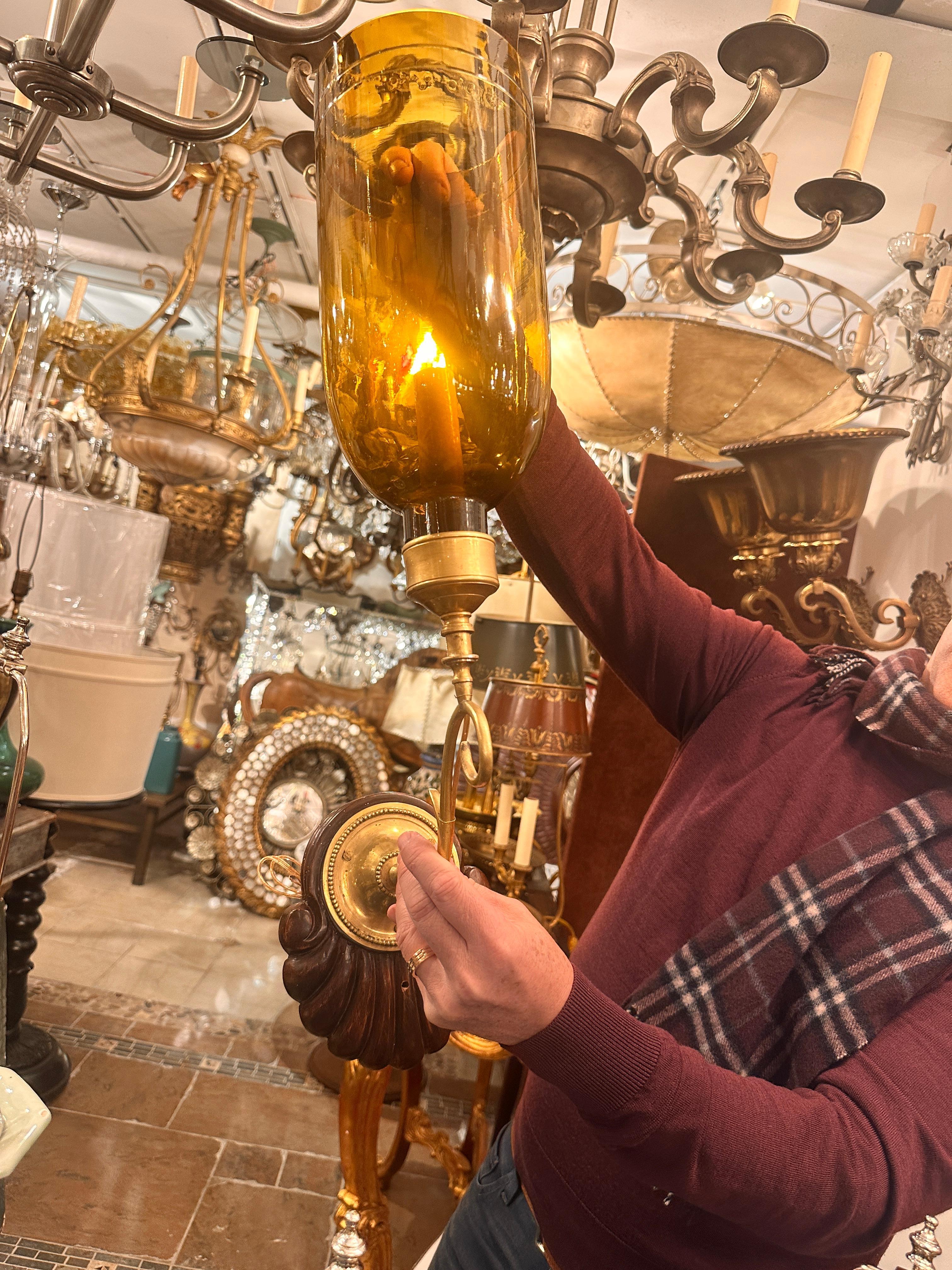 Set of Six Anglo Indian Amber Glass Sconces, Sold in Pairs For Sale 1