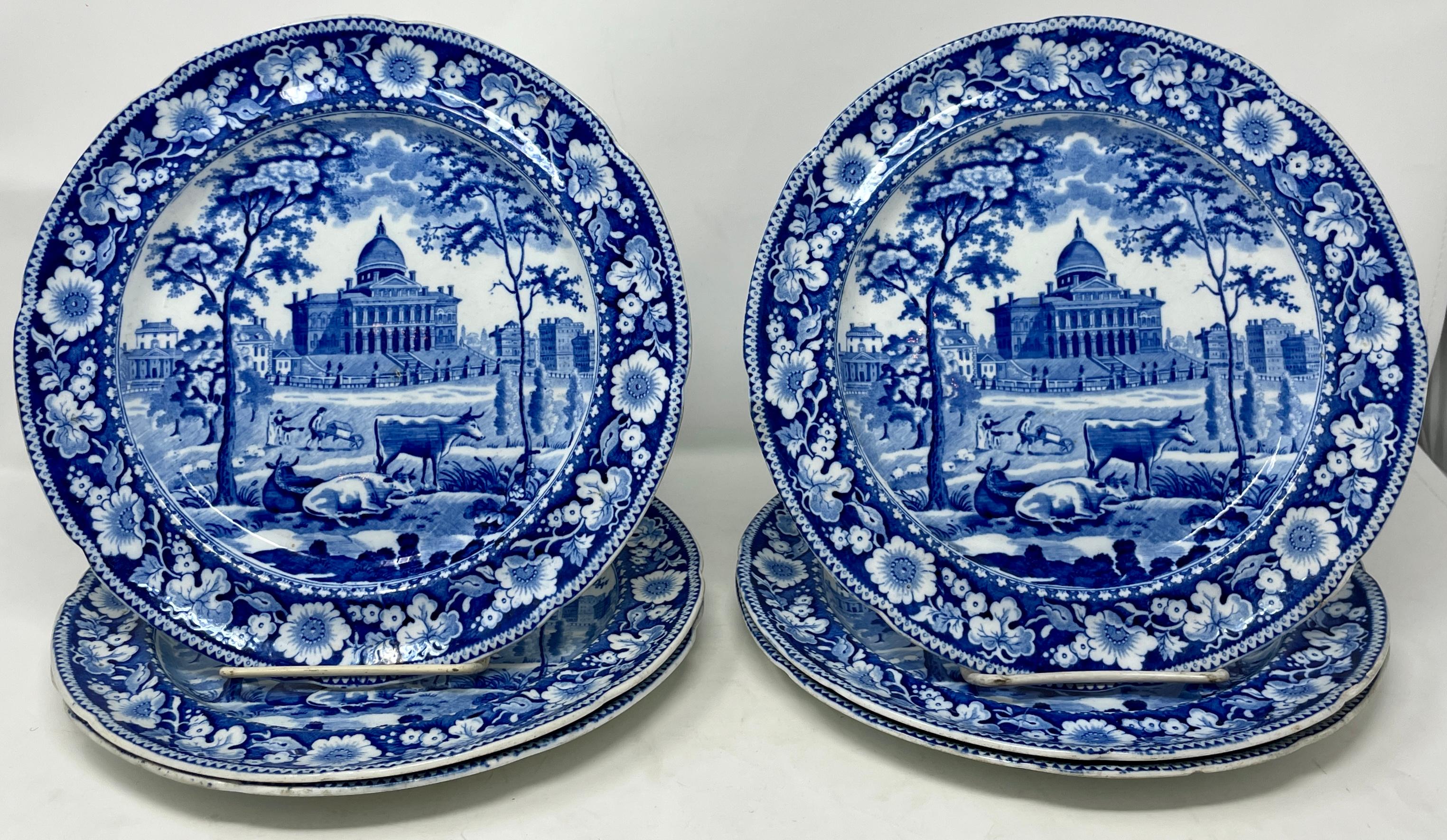 Set of six antique 19th century english blue and white porcelain plates.