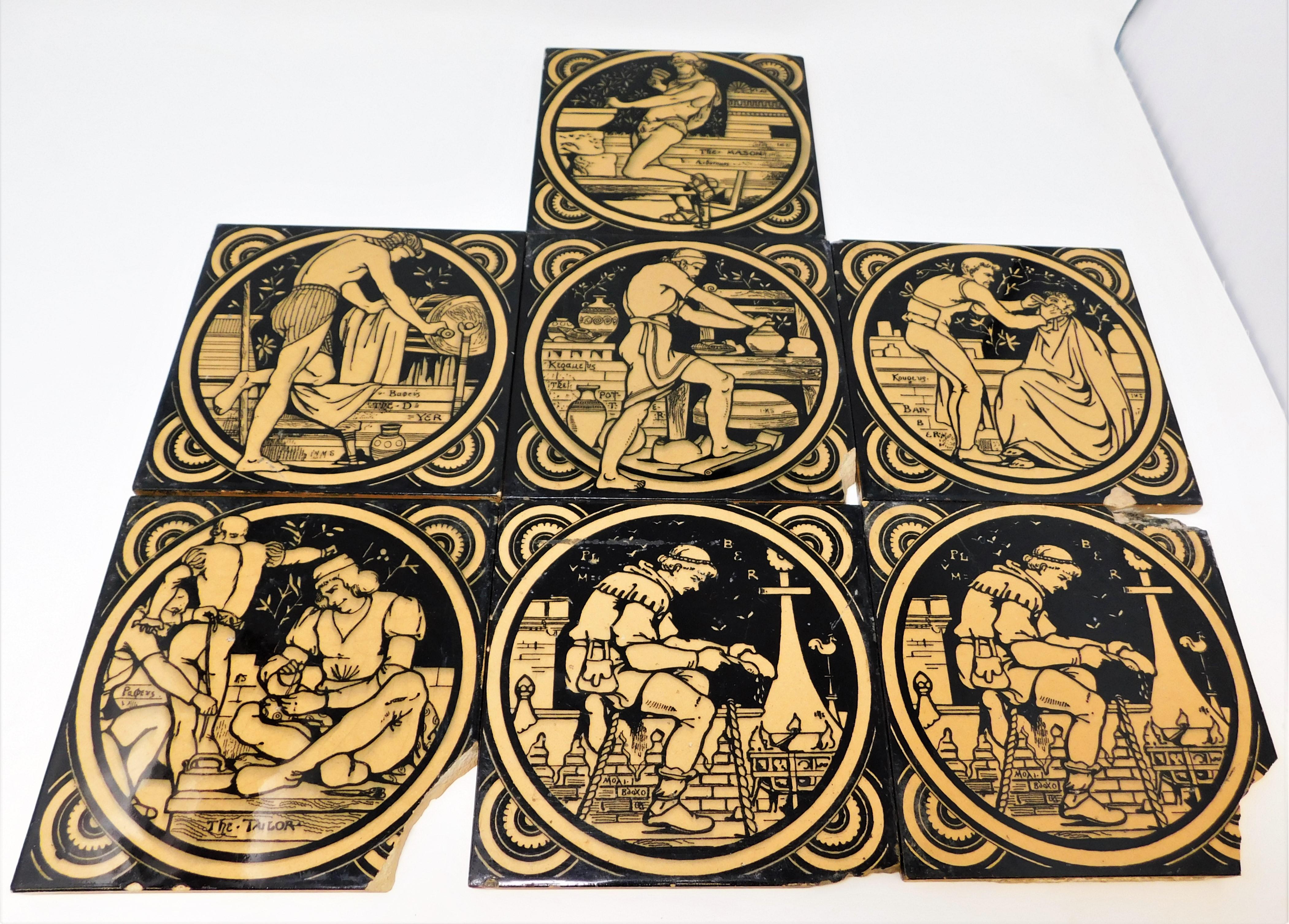 Set of Six Antique 19th Century Hand Painted Minton Earthenware Ceramic Tiles For Sale 4