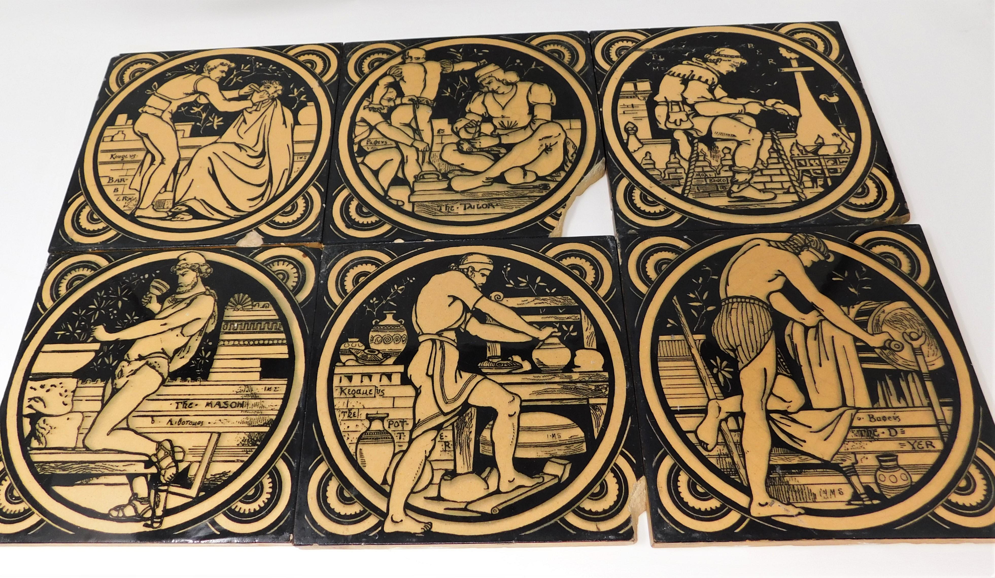 A set of six (one bonus tile thrown in of a double but in bad condition) Victorian hand painted Minton China Works in Stoke-upon-Trent, England, English tiles designed by John Moyr Smith with scenes depicting The Tailor, The Potter, The Mason, The