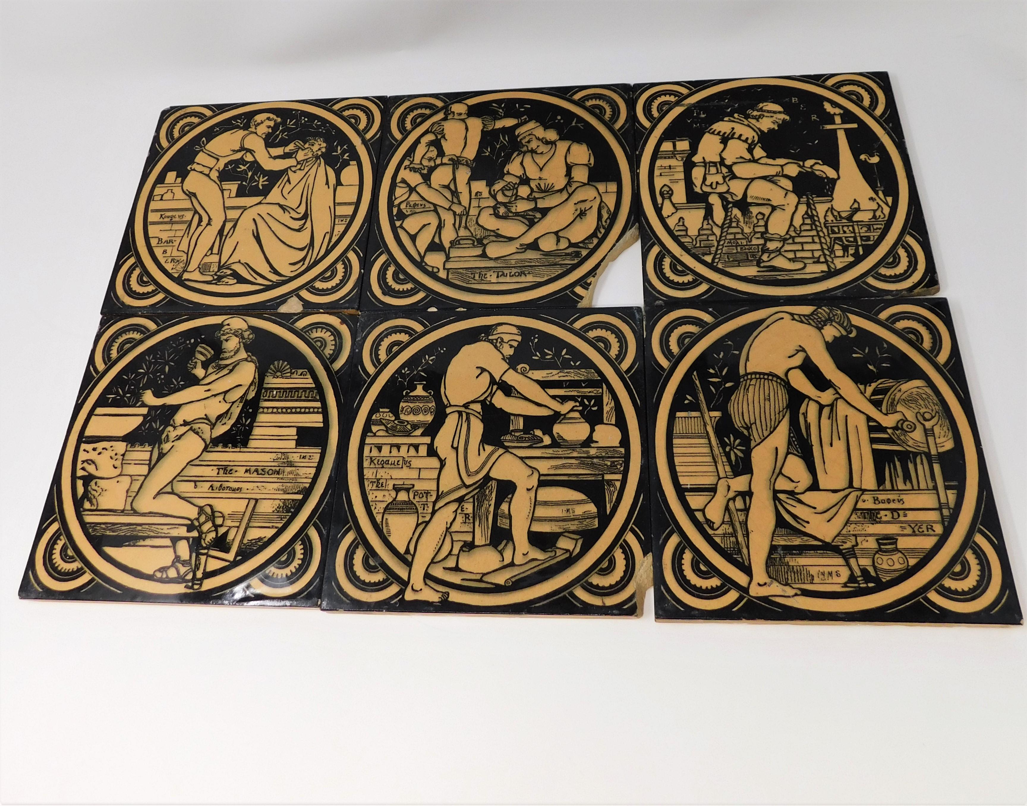 Set von sechs antiken handbemalten Minton-Eschenware-Keramikfliesen aus dem 19. Jahrhundert (Viktorianisch) im Angebot