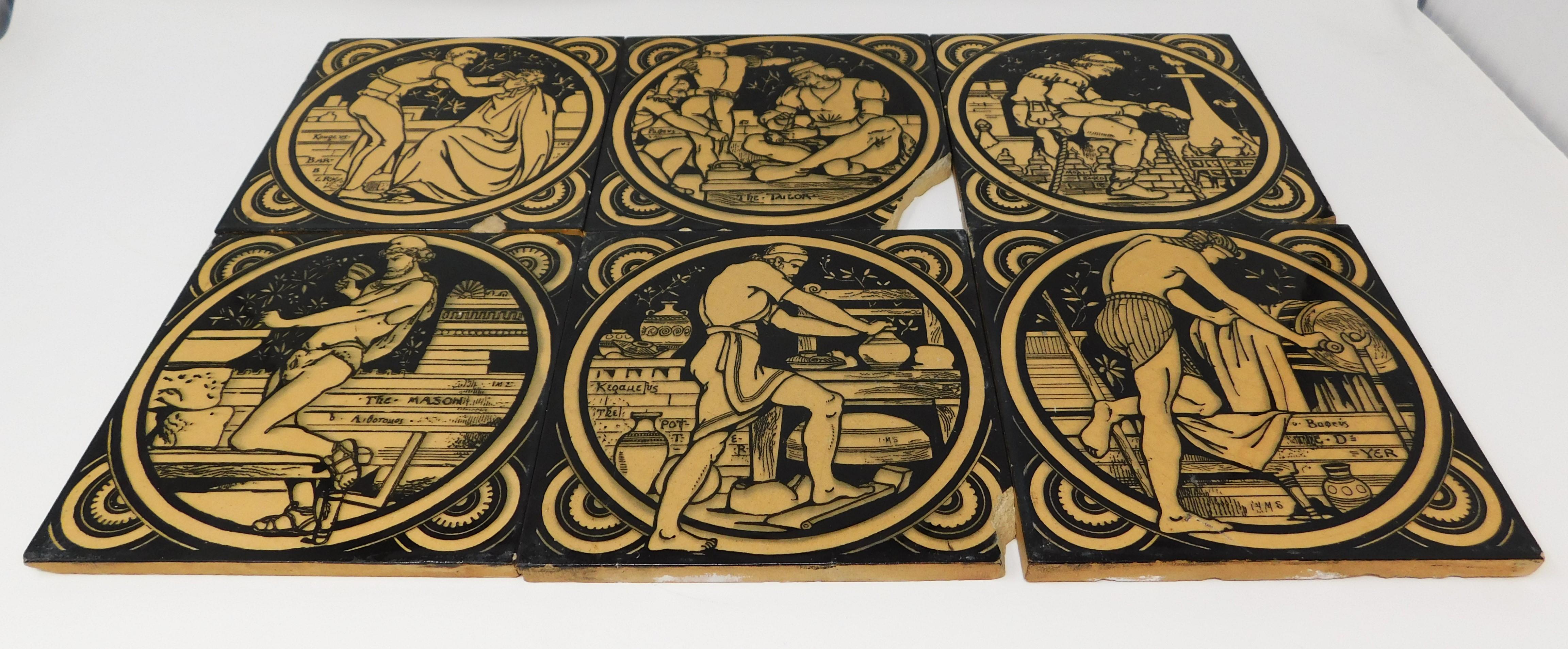 English Set of Six Antique 19th Century Hand Painted Minton Earthenware Ceramic Tiles For Sale
