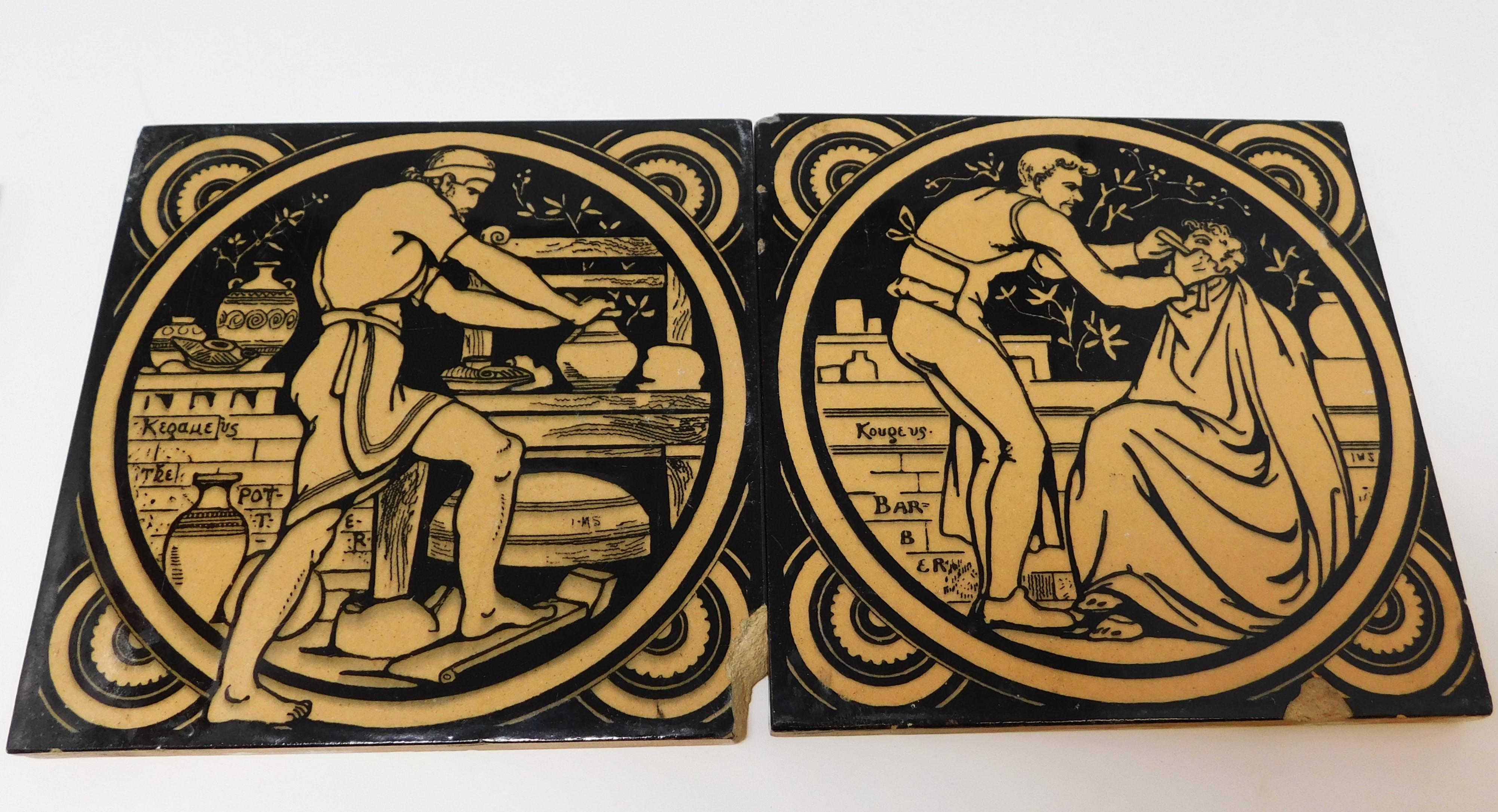 Set of Six Antique 19th Century Hand Painted Minton Earthenware Ceramic Tiles In Fair Condition For Sale In Hamilton, Ontario