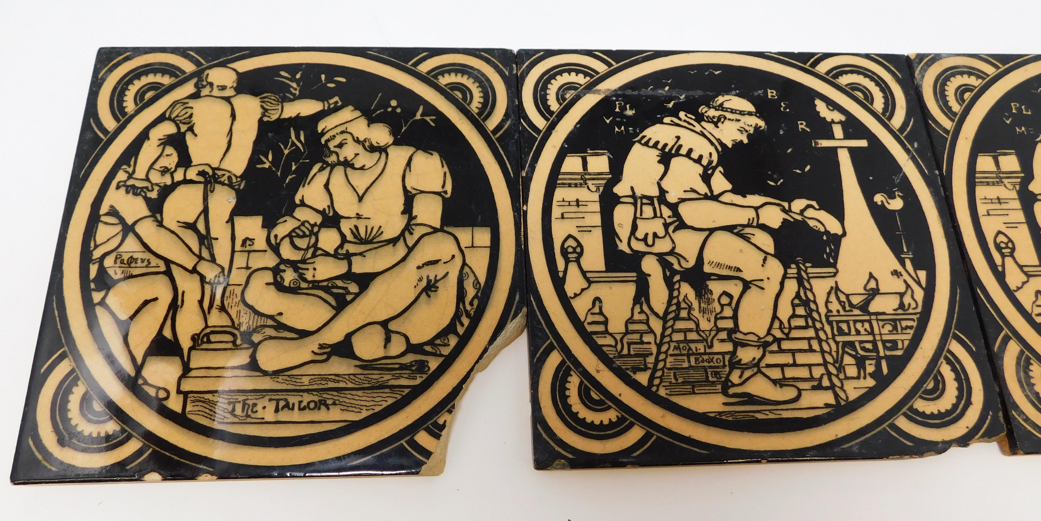 Set von sechs antiken handbemalten Minton-Eschenware-Keramikfliesen aus dem 19. Jahrhundert im Angebot 1