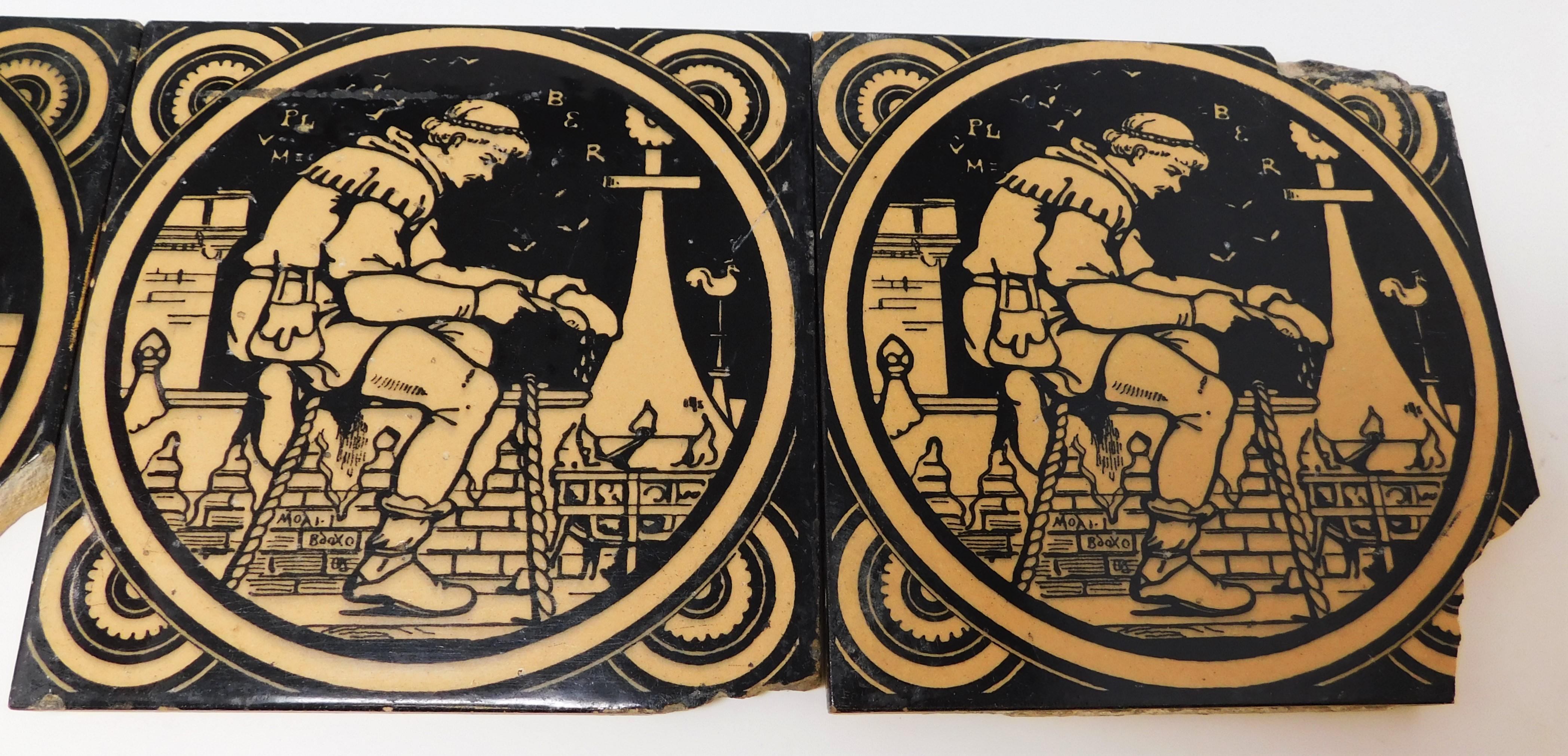Set von sechs antiken handbemalten Minton-Eschenware-Keramikfliesen aus dem 19. Jahrhundert im Angebot 3