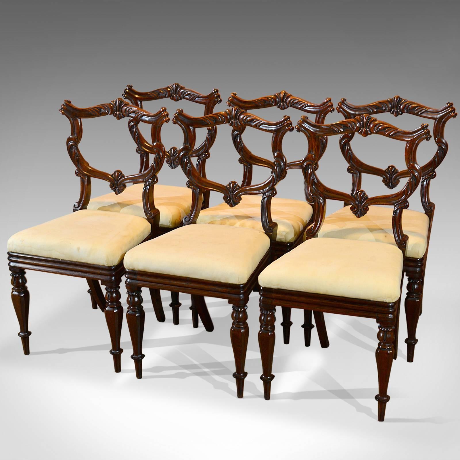 This is an antique set of six, English, superb quality dining chairs in rosewood from the reign of William IV, circa 1835.
 
In excellent antique condition, this well executed design displays superb craftsmanship in a quality, well figured