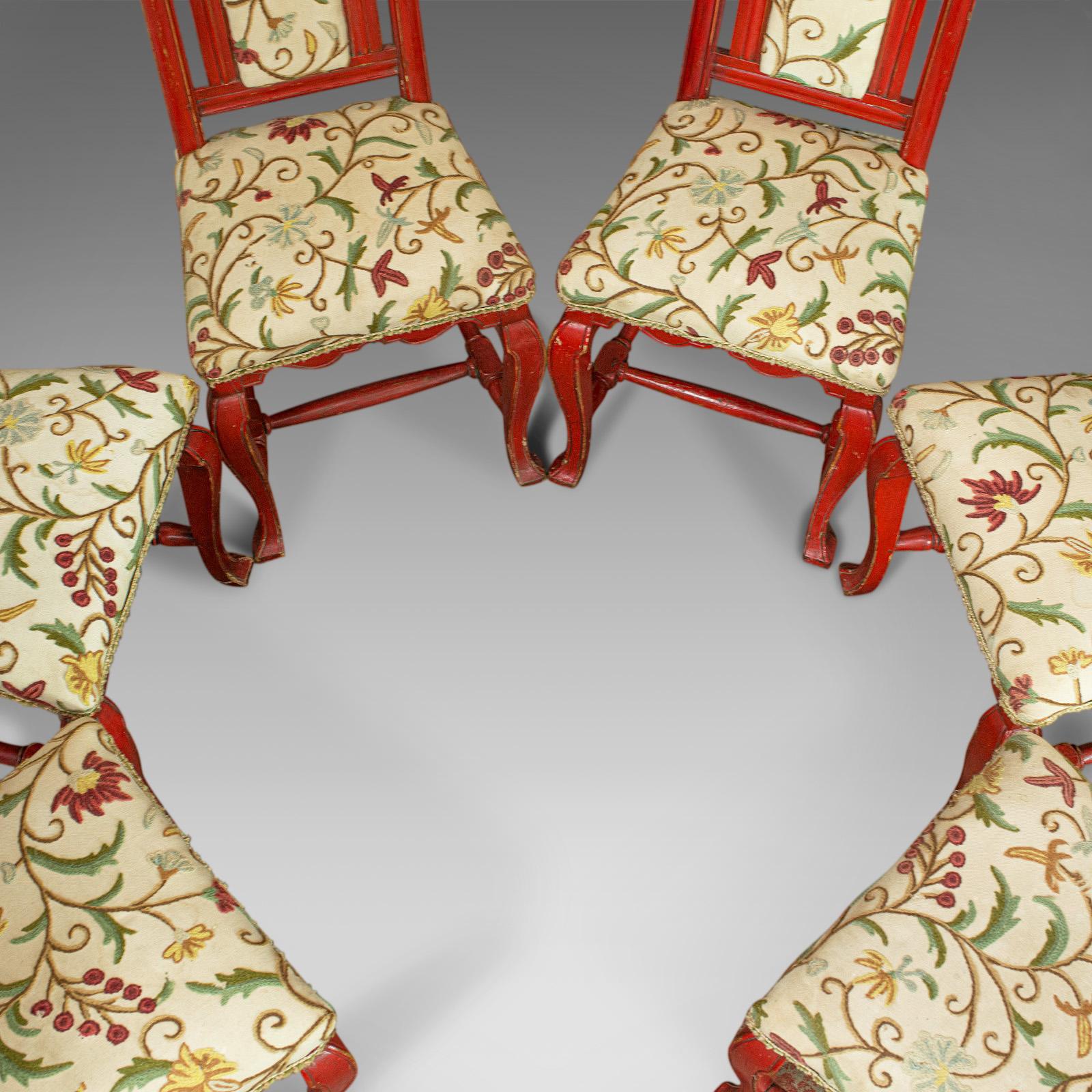Tapestry Set of Six Antique Dining Chairs, Continental Painted Kitchen, Needlepoint