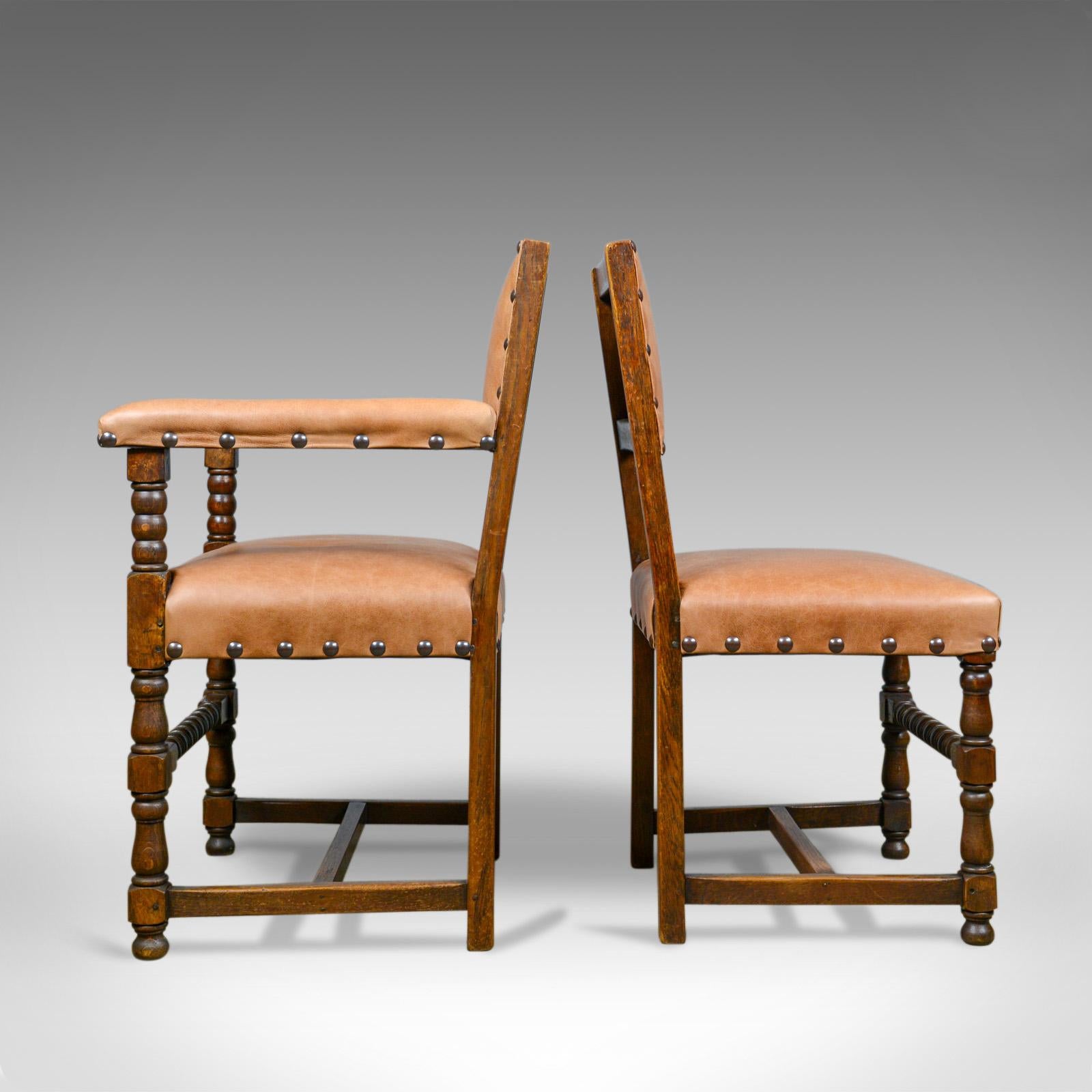 English Set of Six Antique Dining Chairs, Edwardian, 17th Century Revival, Oak