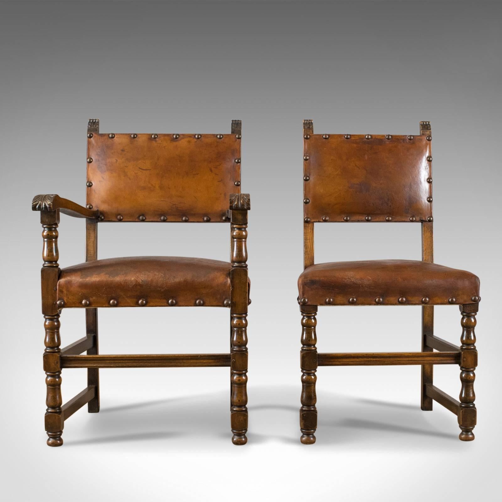 Jacobean Set of Six Antique Dining Chairs, Edwardian in 17th Century Taste, Oak Leather
