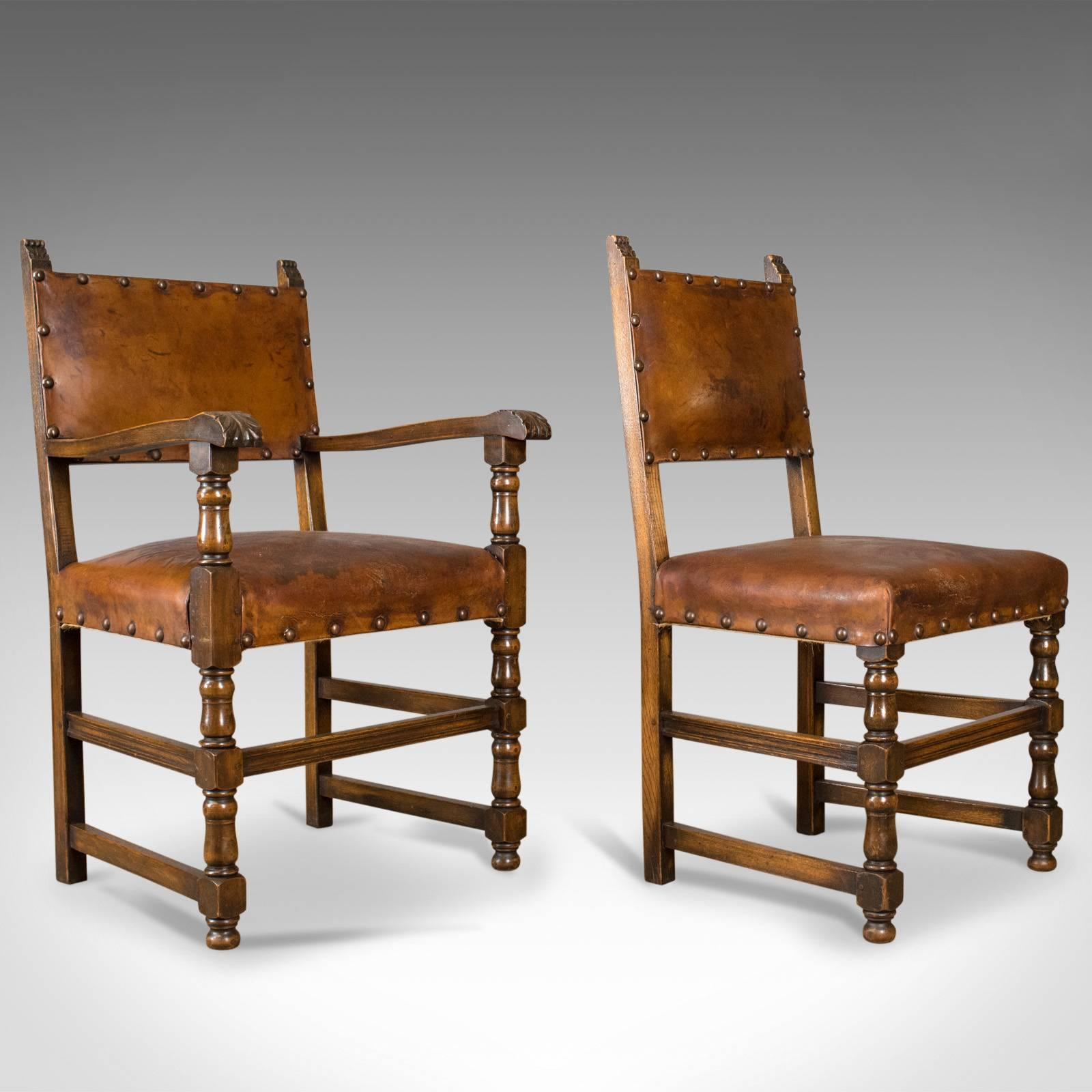 English Set of Six Antique Dining Chairs, Edwardian in 17th Century Taste, Oak Leather