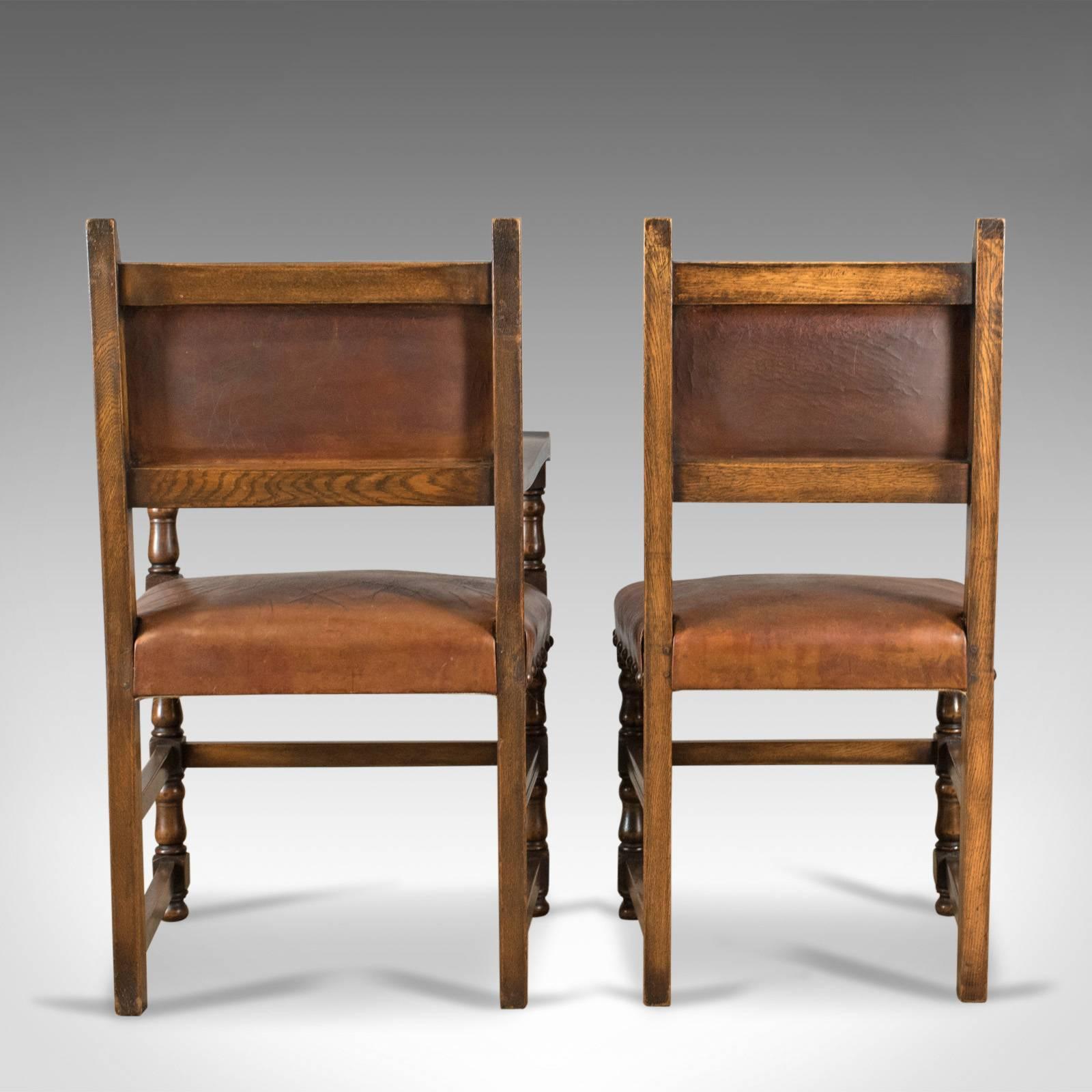 20th Century Set of Six Antique Dining Chairs, Edwardian in 17th Century Taste, Oak Leather