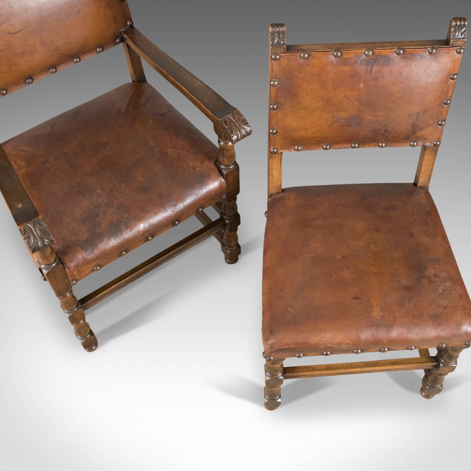 Set of Six Antique Dining Chairs, Edwardian in 17th Century Taste, Oak Leather 1