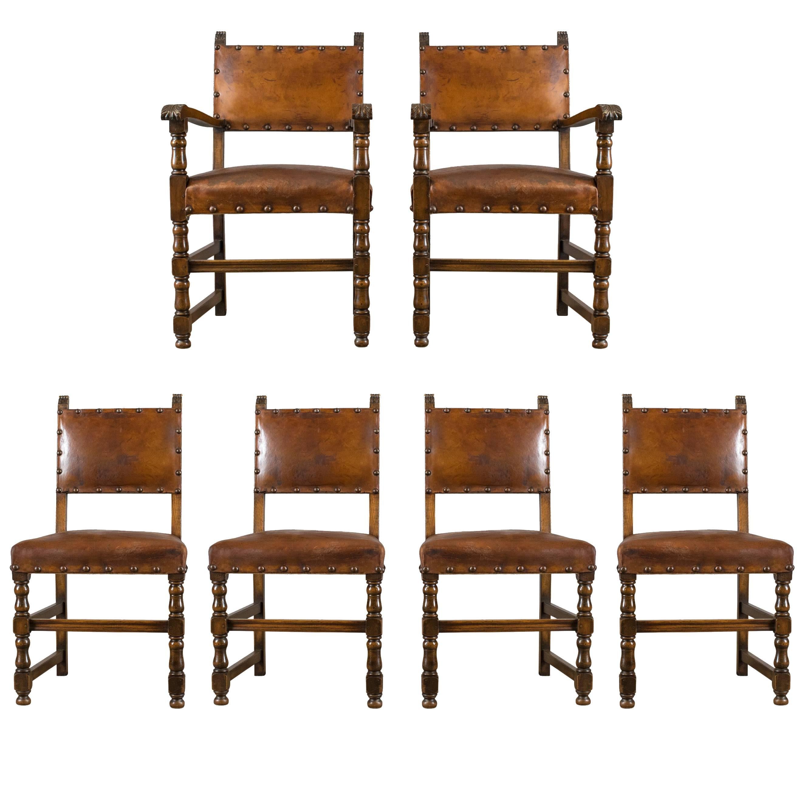 Set of Six Antique Dining Chairs, Edwardian in 17th Century Taste, Oak Leather