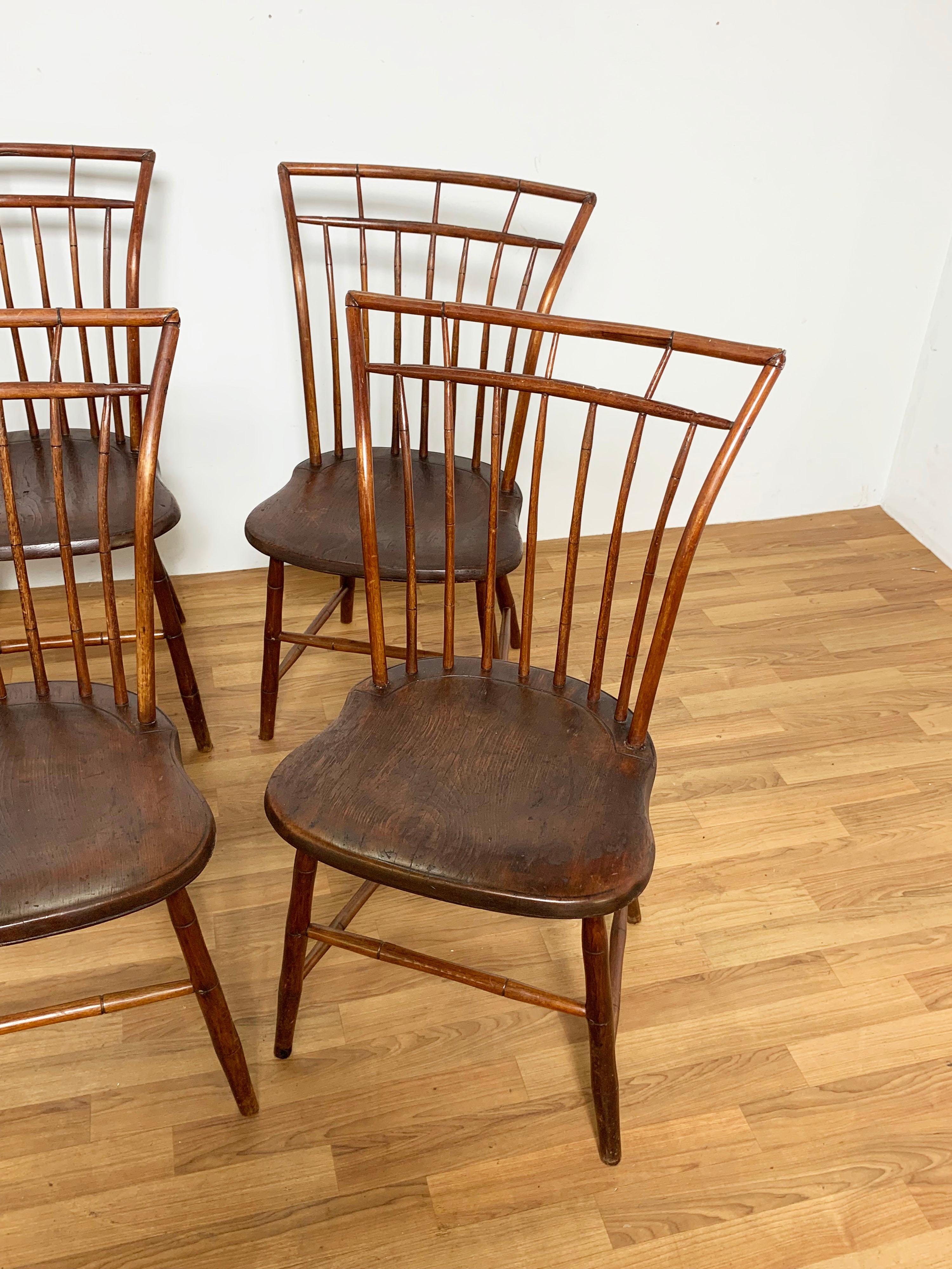 American Colonial Set of Six Antique Early 19th Century New England Birdcage Windsor Dining Chairs