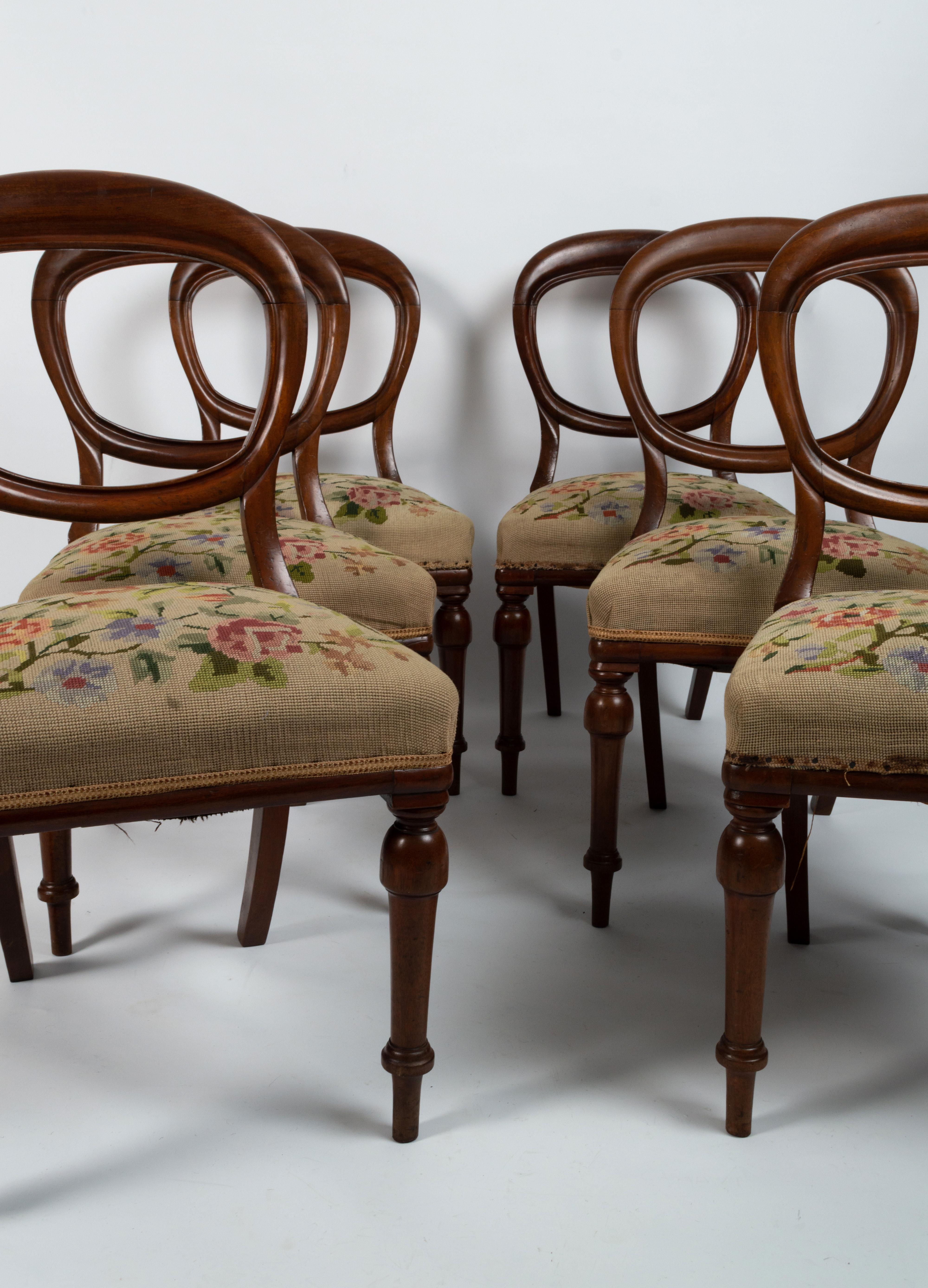 Set of six Antique English 19th century mahogany balloon back chairs, circa 1860

A good example of 19th century design.

In very good condition with expected signs of wear commensurate of age. The upholstered seats are in useable condition with