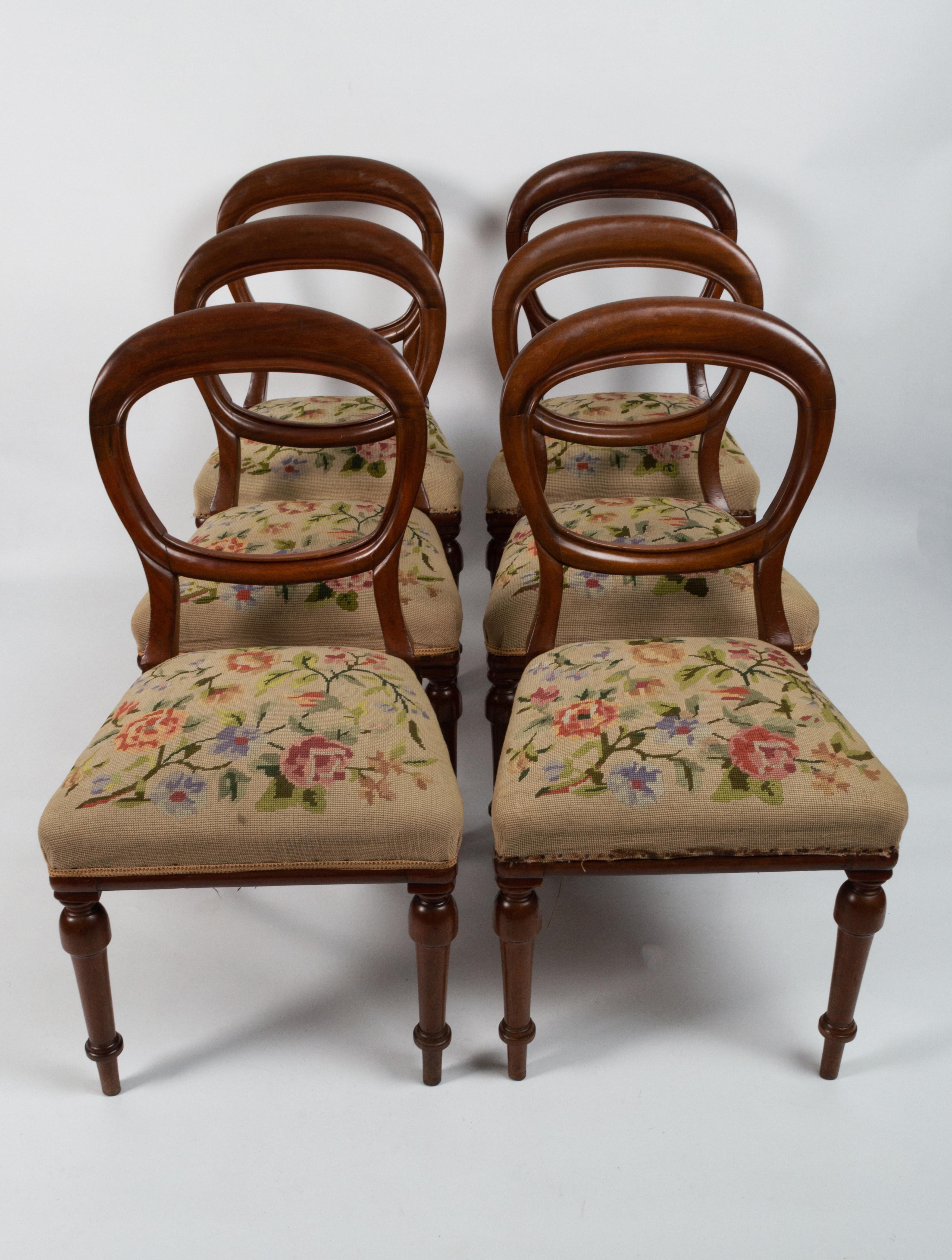 Victorian Set of Six Antique English 19th Century Mahogany Balloon Back Chairs circa 1860 For Sale