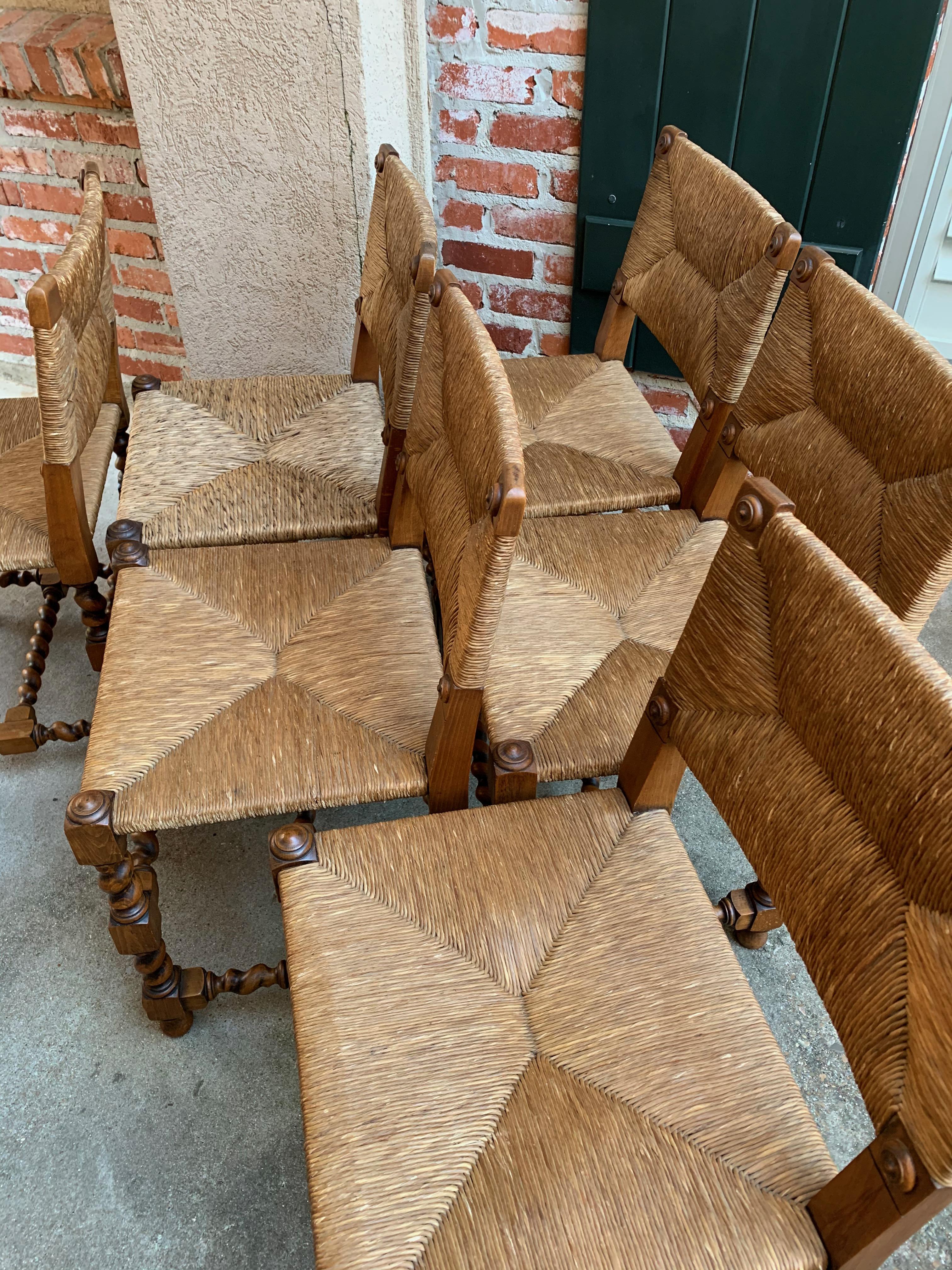Set of Six English Oak Barley Twist Dining Side Chair Rush Seat, circa 1900 5