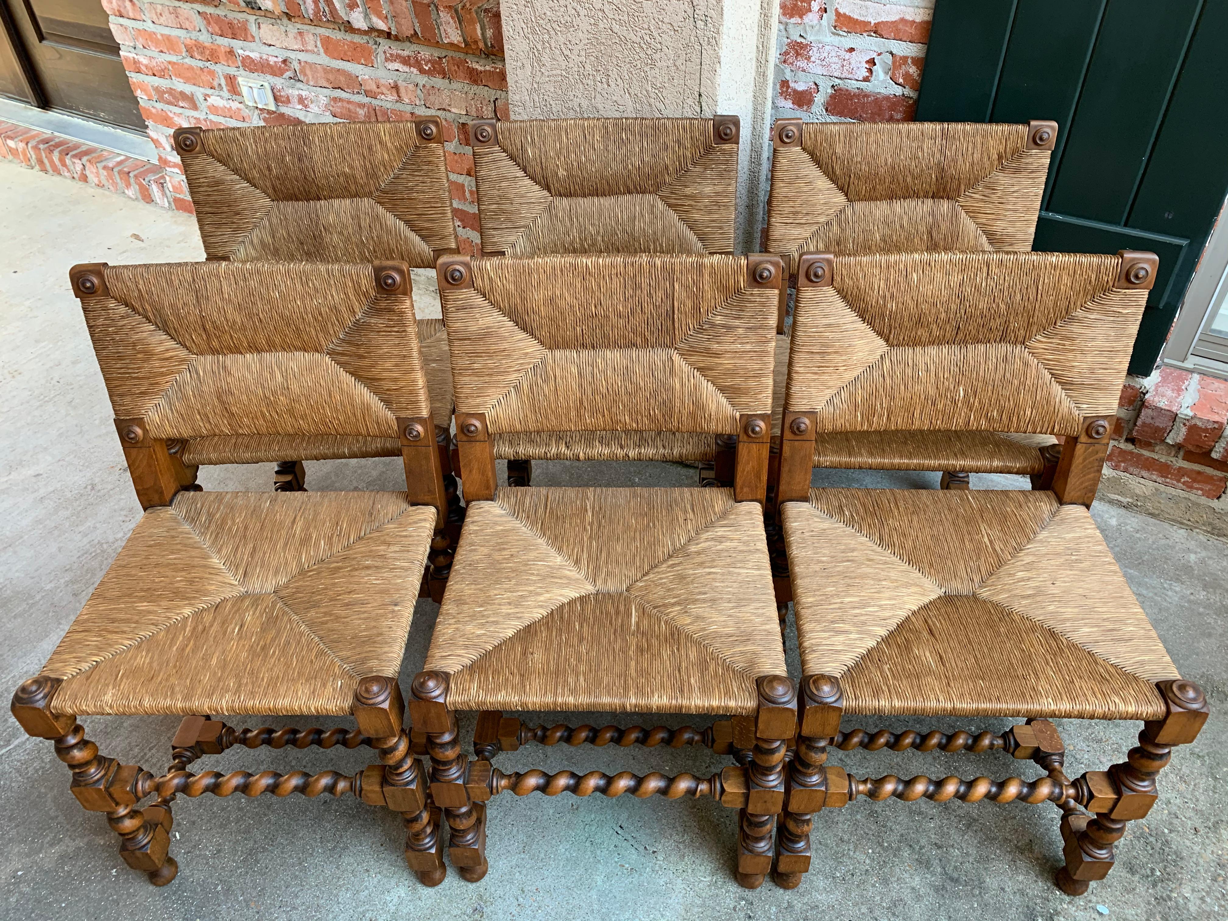 Renaissance Set of Six English Oak Barley Twist Dining Side Chair Rush Seat, circa 1900