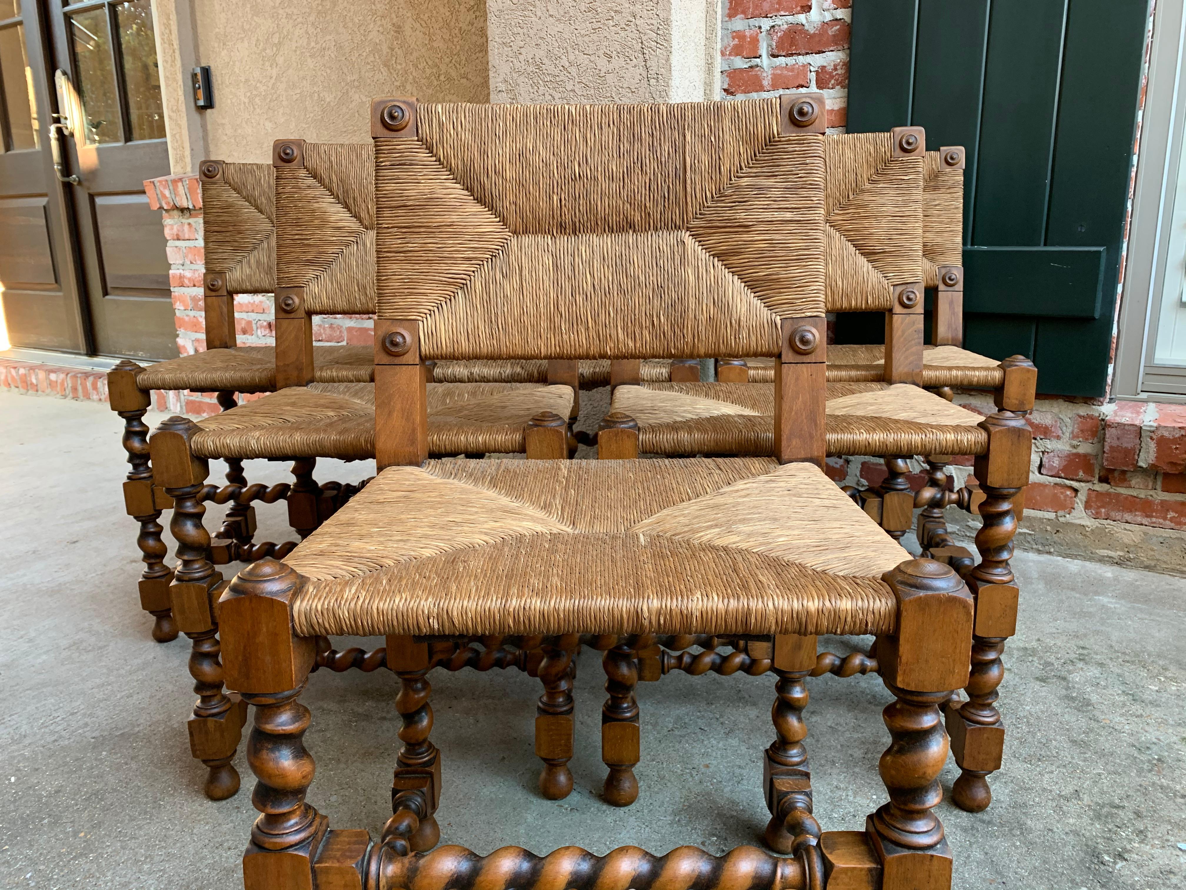 Set of Six English Oak Barley Twist Dining Side Chair Rush Seat, circa 1900 1