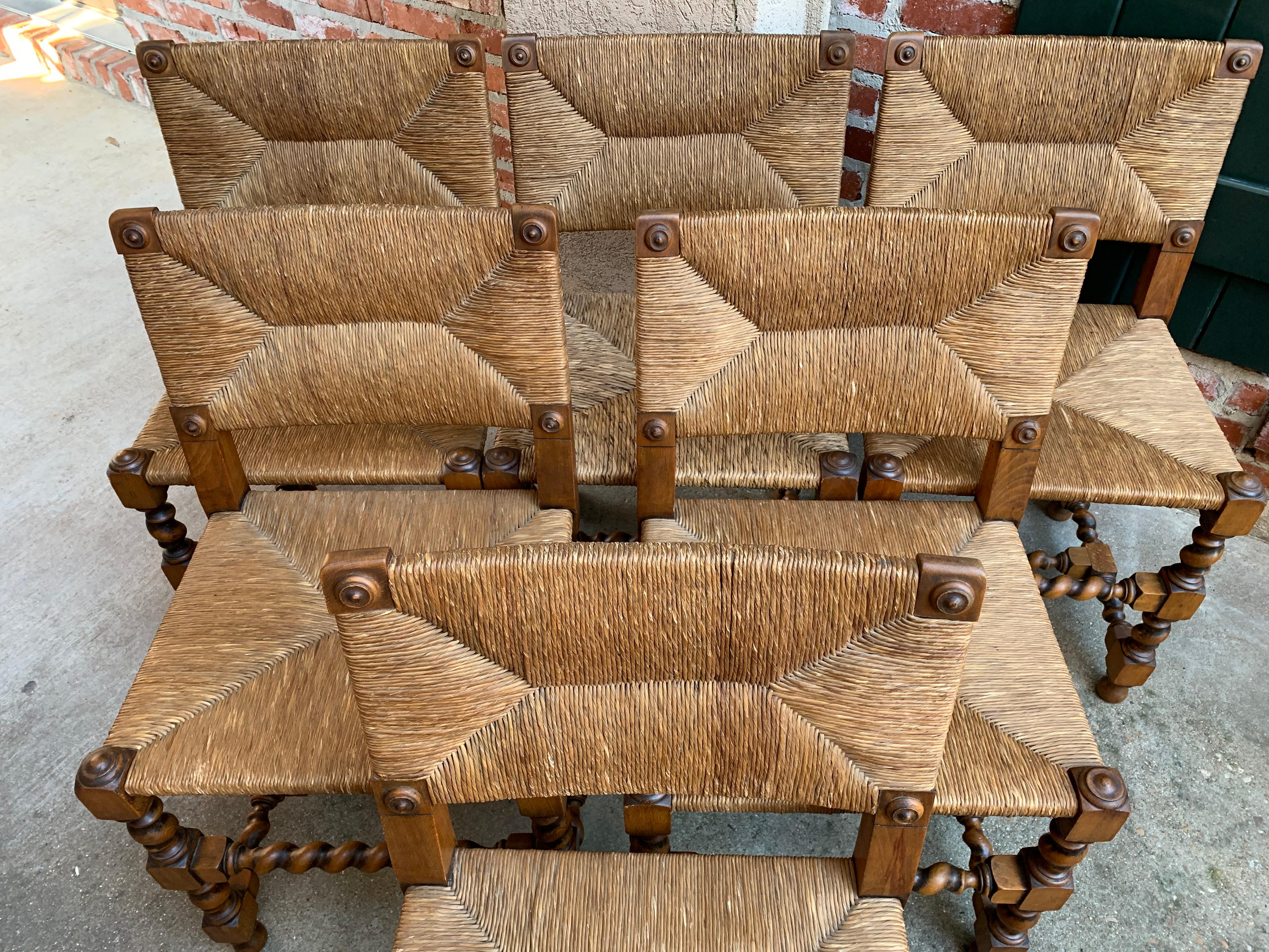 Set of Six English Oak Barley Twist Dining Side Chair Rush Seat, circa 1900 2