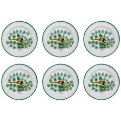 Set of Six Antique English Pearlware Hand-Painted Peafowl Plates