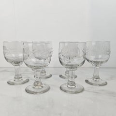 Set of Six Antique Etched Glasses with Floral Motifs, circa 1880