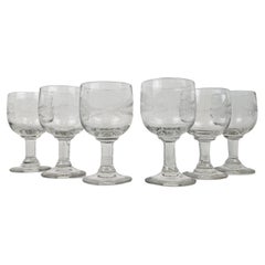 Set of Six Antique Etched Glasses with Floral Motifs, circa 1880