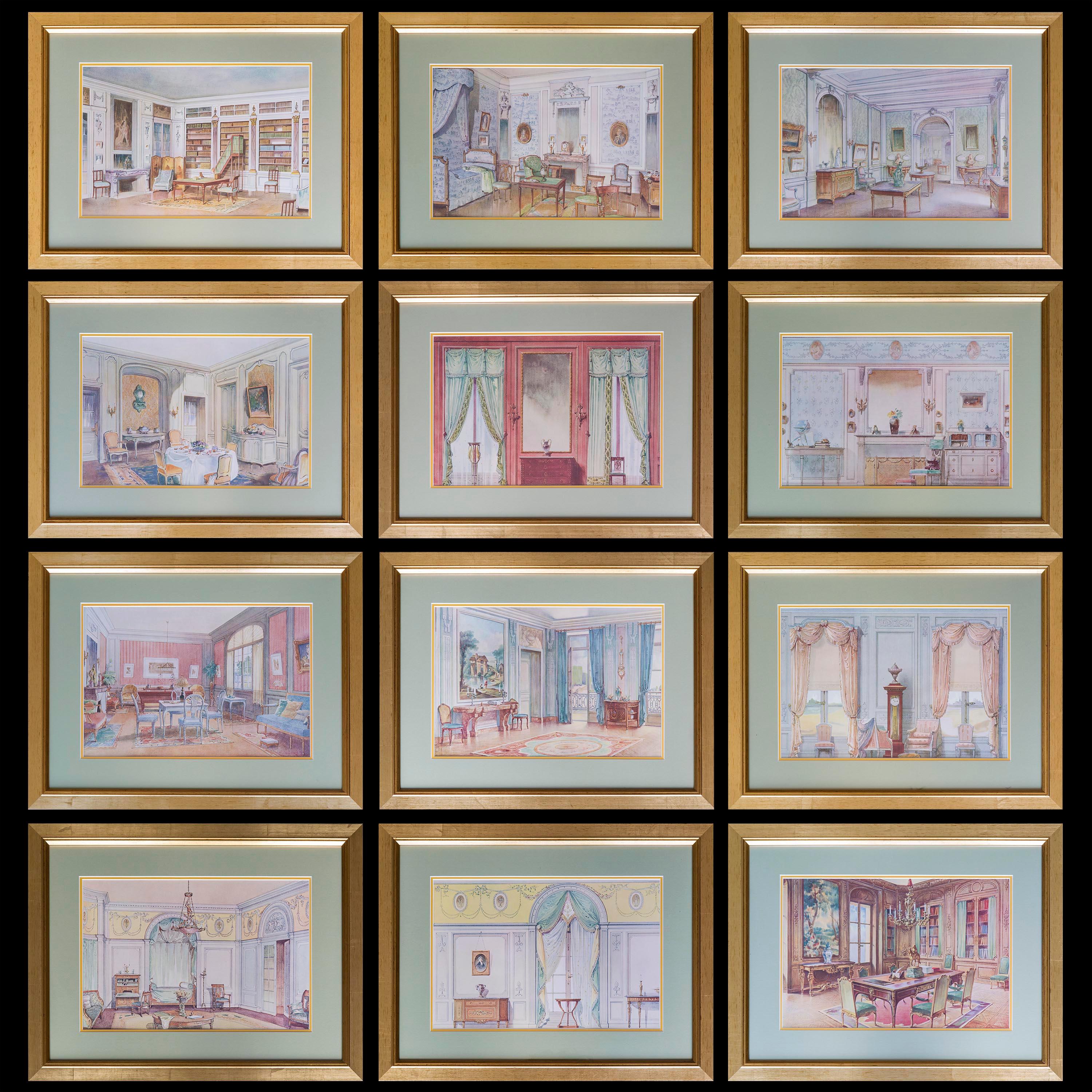 A set of 12 antique lithographic prints of watercolours, depicting interiors in various historic styles, in the style of Alexandre Serebriakoff, 

French, circa 1900. 

Superb quality, beautifully detailed. Available as sets of six or eight.