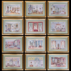 Set of 12 Antique French Interior Decor Prints