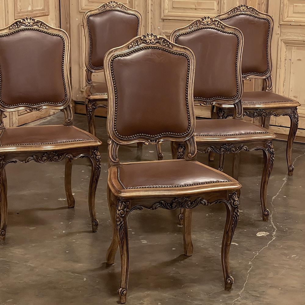 Hand-Carved Set of Six Antique French Louis XIV Walnut Dining Chairs For Sale