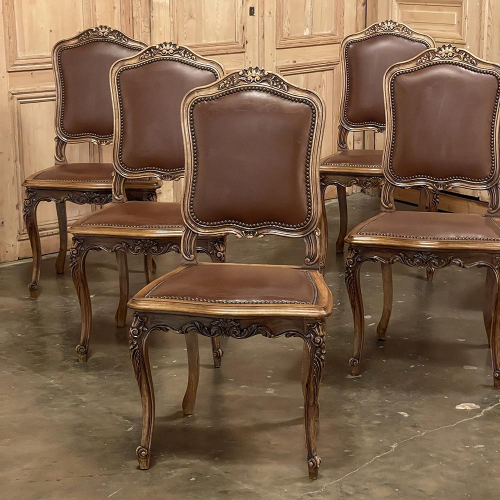 Set of Six Antique French Louis XIV Walnut Dining Chairs In Good Condition For Sale In Dallas, TX