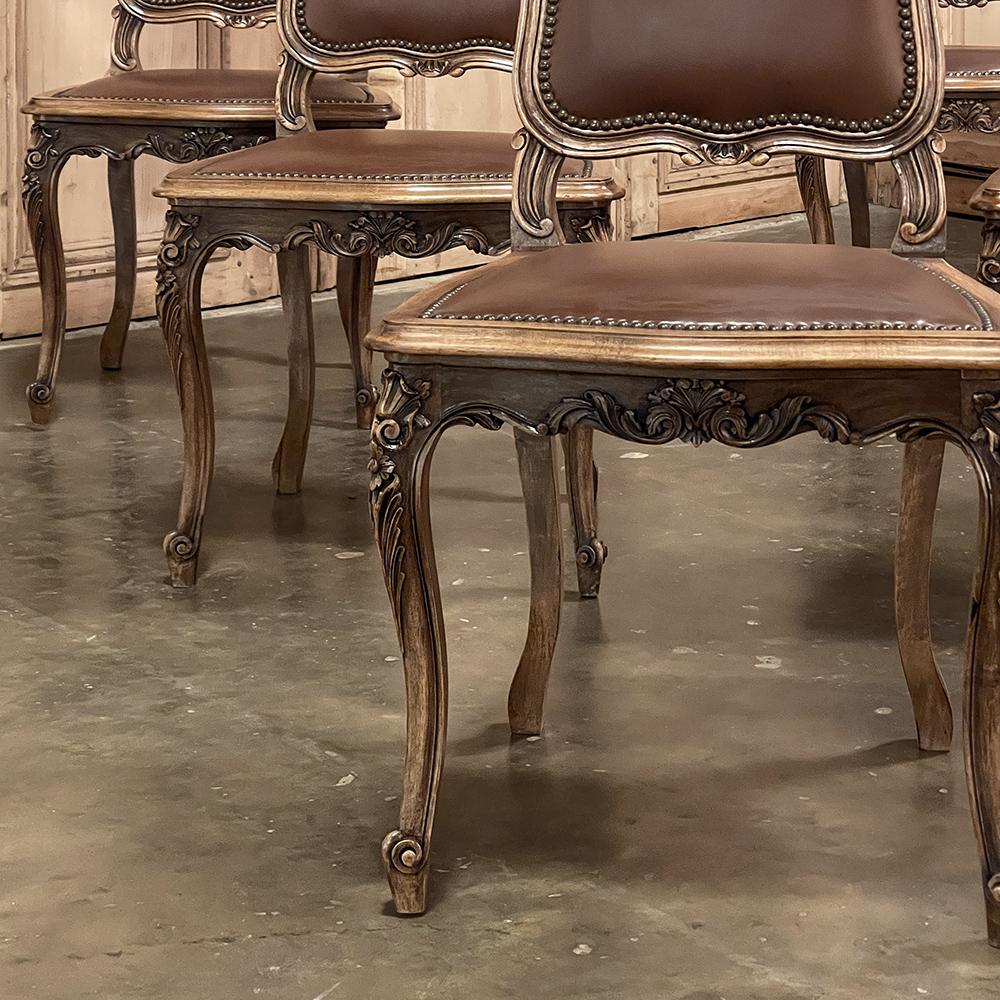 Faux Leather Set of Six Antique French Louis XIV Walnut Dining Chairs For Sale