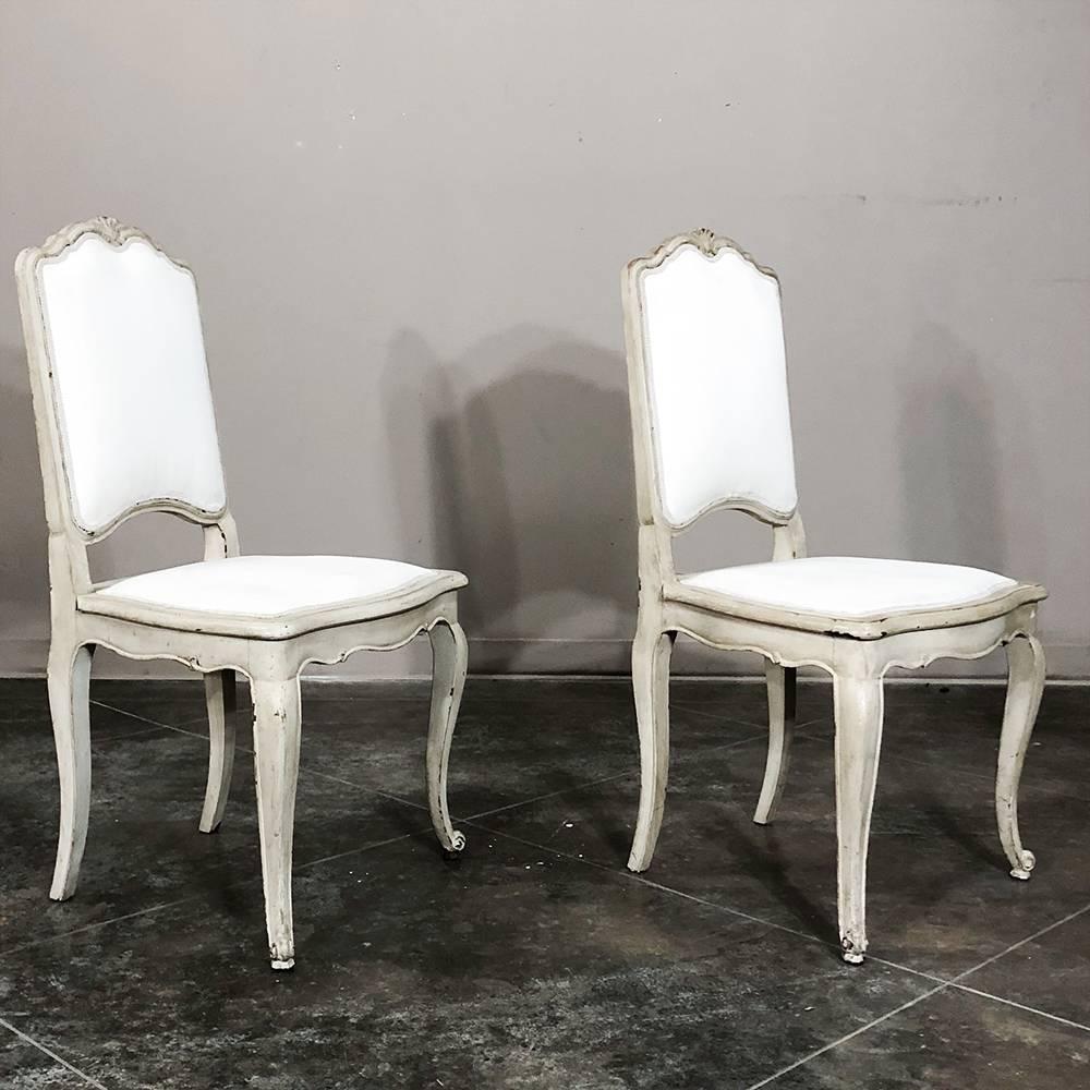 Hand-Carved Set of Six Antique French Louis XV Hand-Painted Grey Dining Chairs