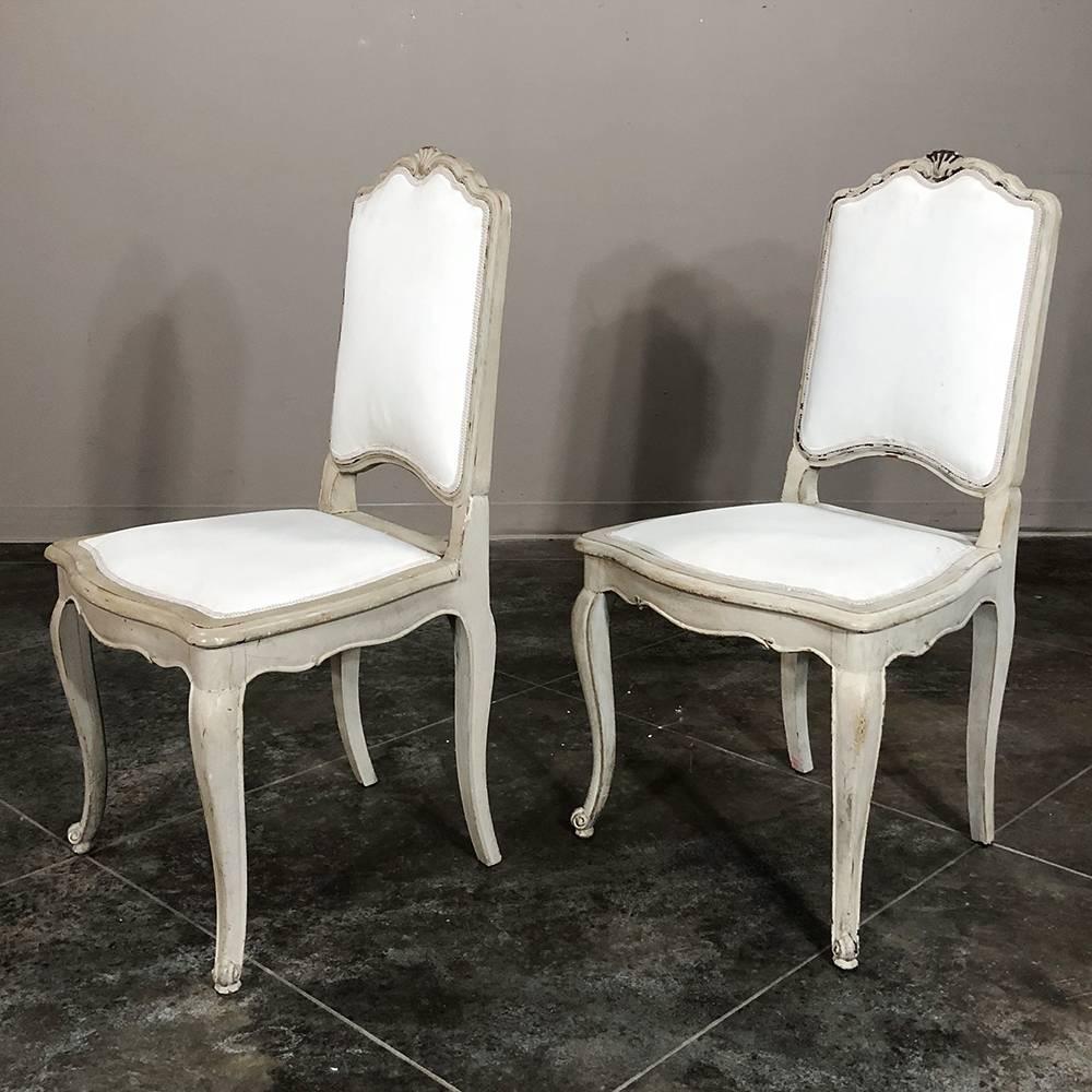 Upholstery Set of Six Antique French Louis XV Hand-Painted Grey Dining Chairs