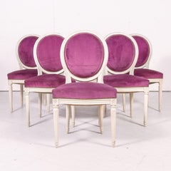 Set of Six Antique French Louis XVI Style Painted Side Chairs with Medallion Bac