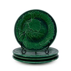 Set of Six Antique French Majolica Dessert Plates, Grape Vine Relief